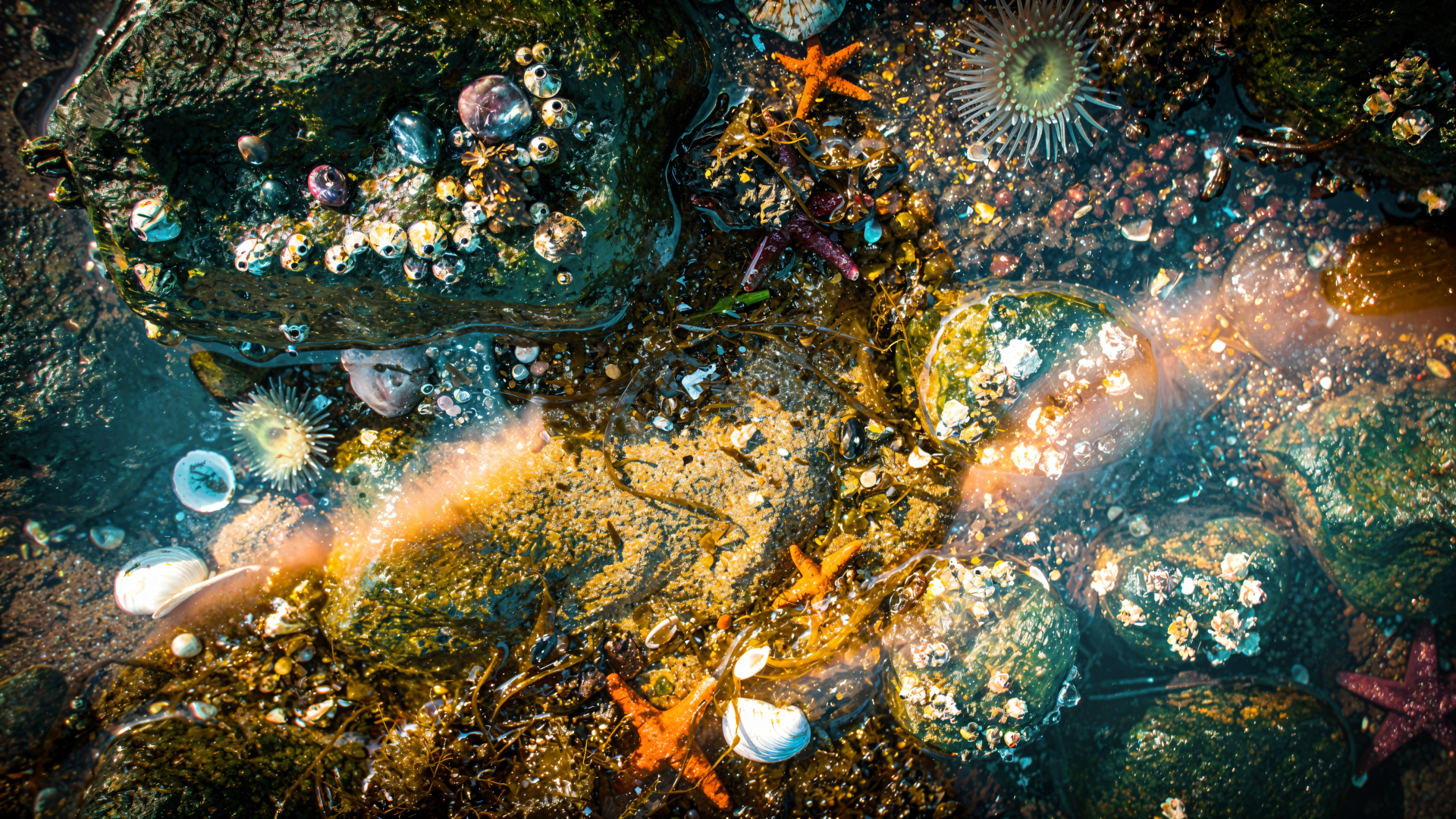 4K Ultra HD PC desktop wallpaper and background: a sunlit tide pool with orange starfish, sea anemones, barnacles, shells and green algae on rocky pools, vivid colors and shimmering water.