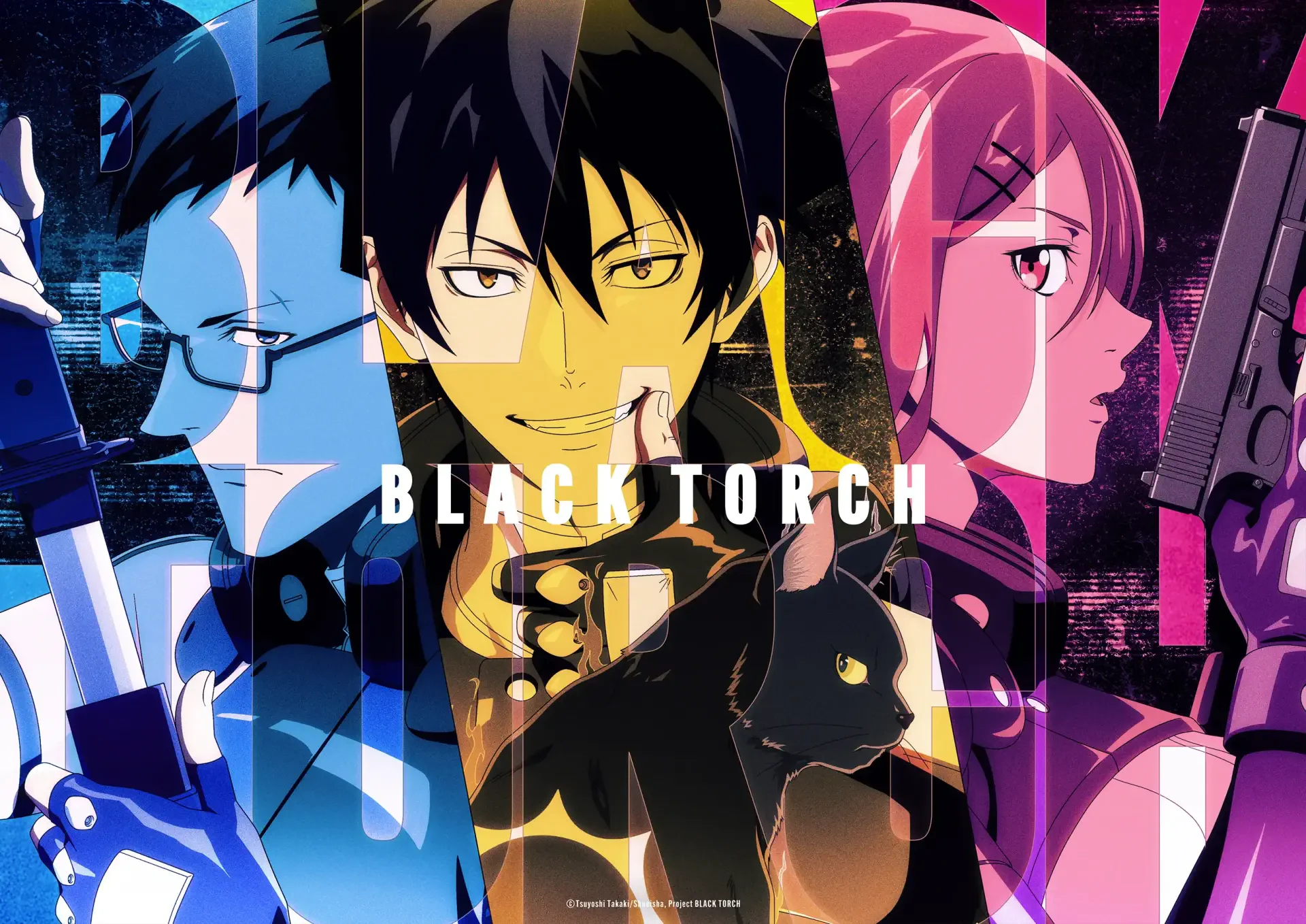 Anime Black Torch 2K Quad HD PC wallpaper featuring Jirou Azuma, Ichika Kishimojin and Reiji Kirihara in bold split-color panels with a black cat.