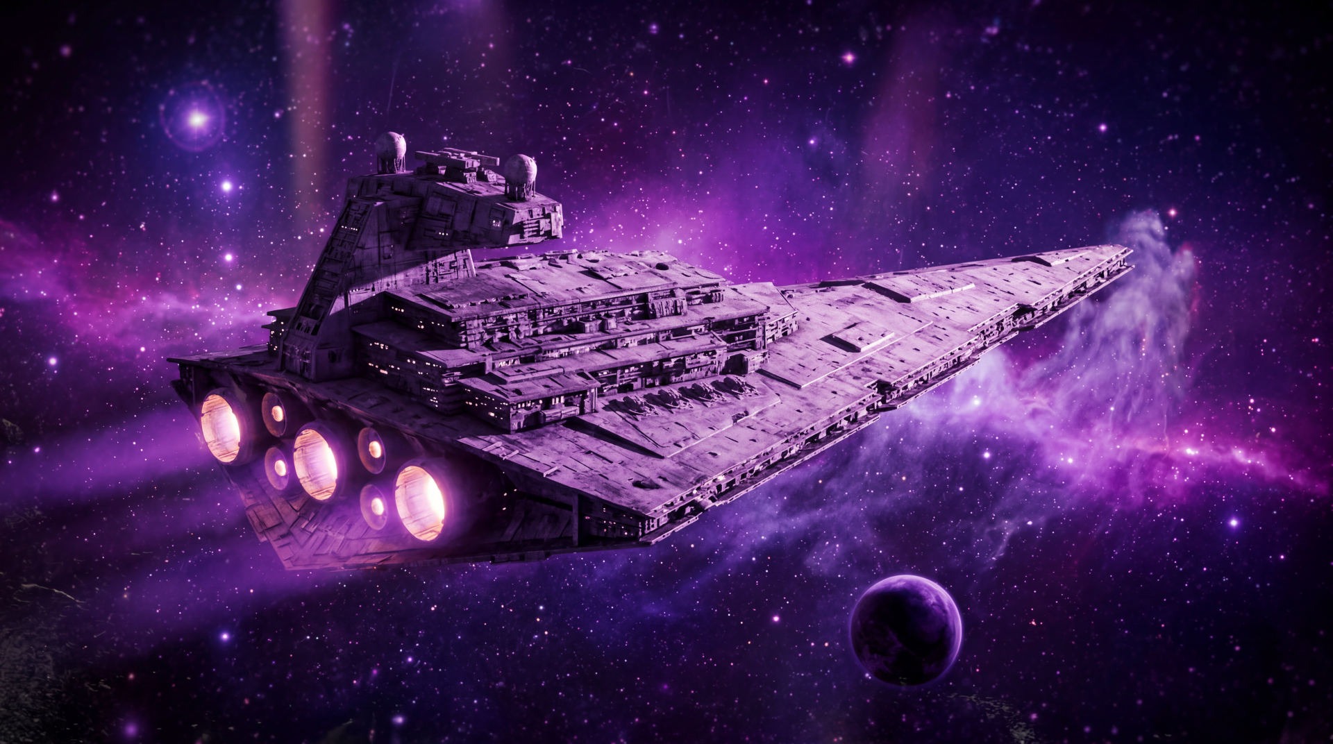 Star Destroyer gliding through a purple nebula, glowing thrusters and a distant planet — 5K Ultra HD PC desktop wallpaper and background.