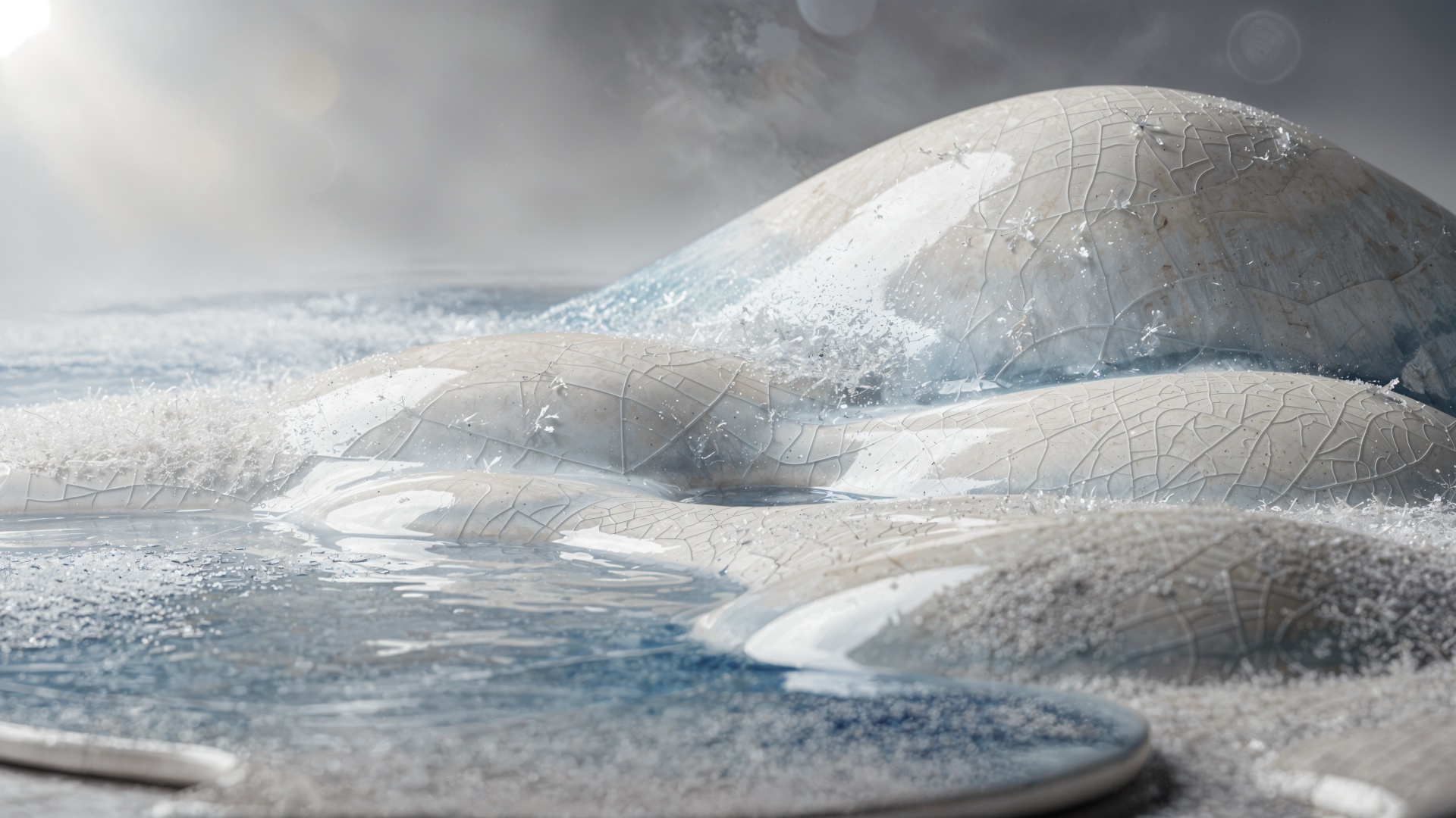 Smooth cracked white ice domes and reflective frozen pools beneath a pale sky — 4K Ultra HD PC desktop wallpaper and background.