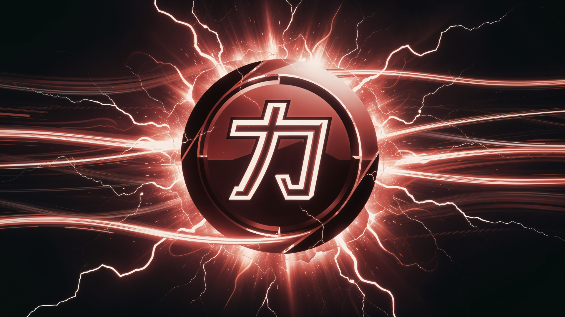 Japanese logo — glowing red orb with the kanji 力 at its center, surrounded by electric lightning bolts; 4K Ultra HD PC desktop wallpaper background.