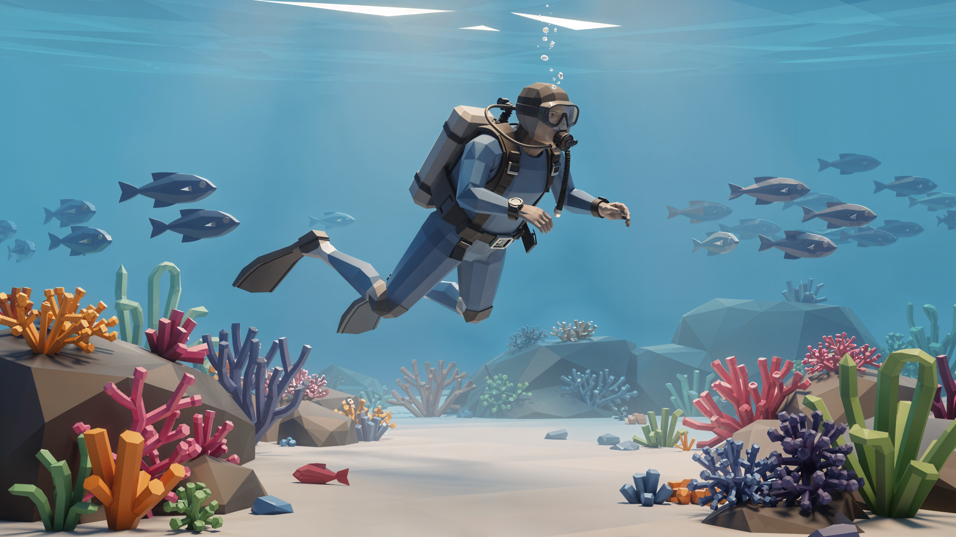 Scuba diver exploring a colorful coral reef with fish in clear blue water — 4K Ultra HD PC desktop wallpaper/background