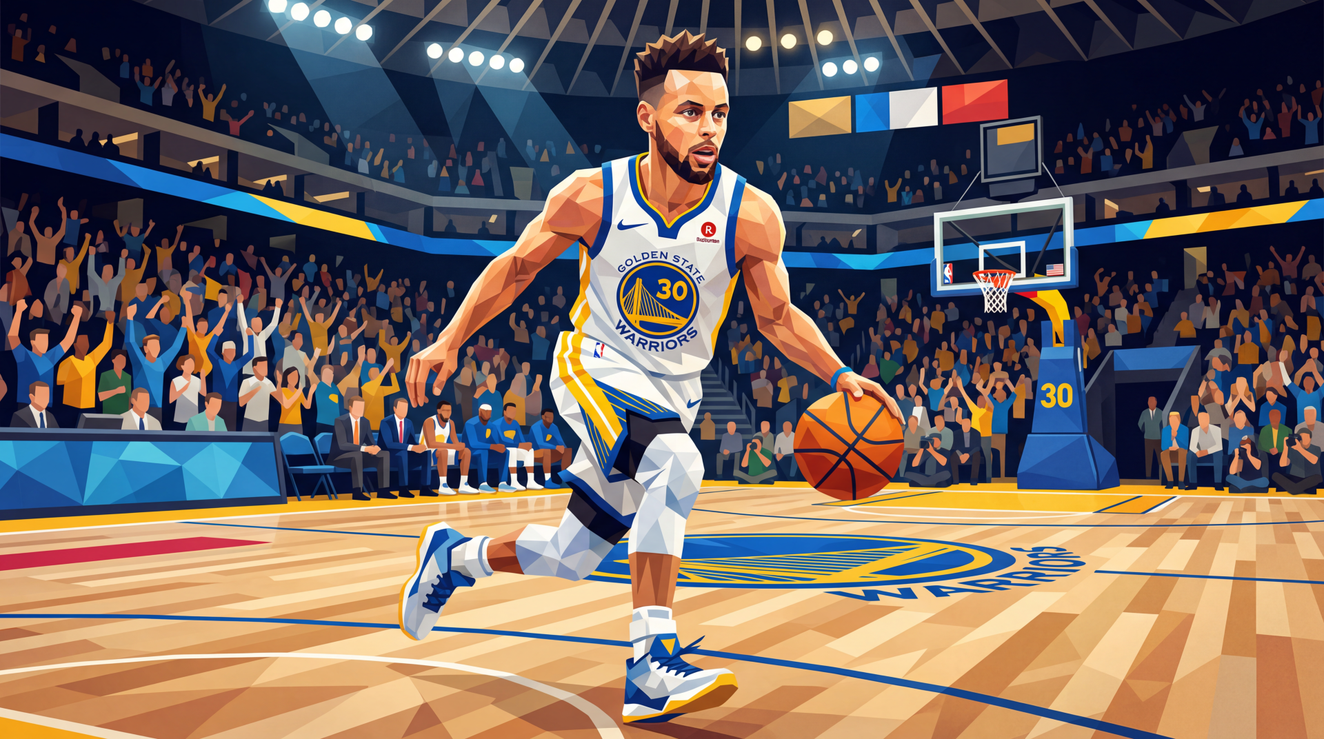 5K Ultra HD PC desktop wallpaper — stylized illustration of a Golden State Warriors guard dribbling toward the basket in a packed arena, dynamic pose, vivid colors and arena lighting.
