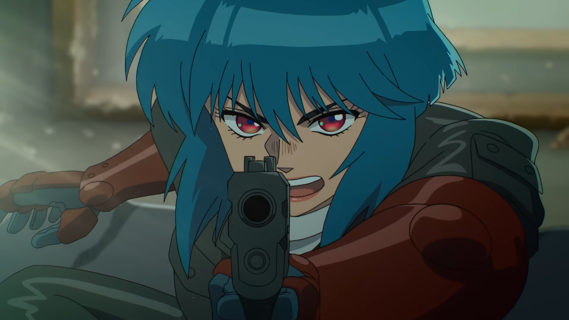 Blue-haired cyborg aims a handgun with a fierce glare; anime HD PC desktop wallpaper and background from The Ghost in the Shell (2026).