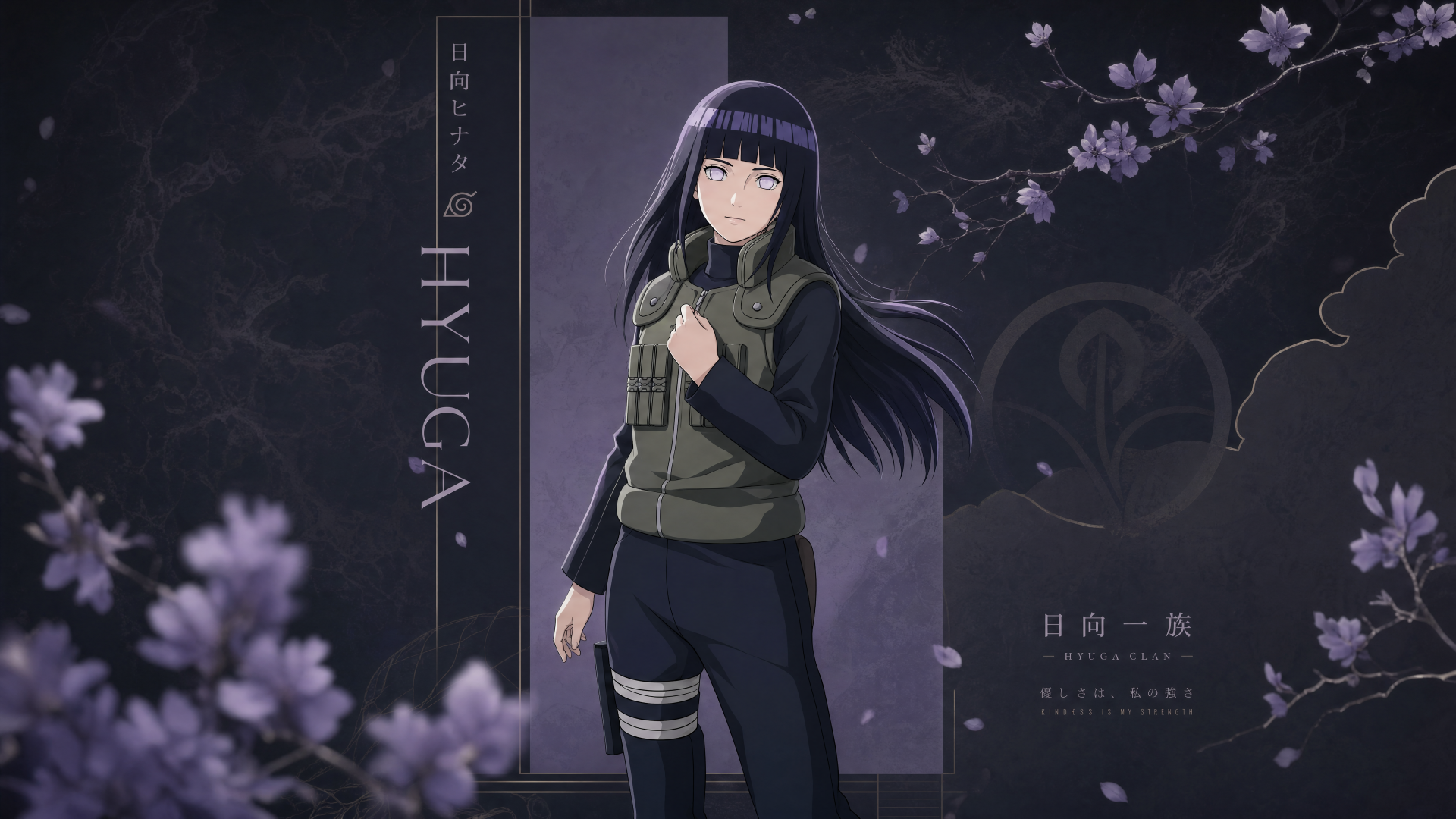 Hinata Hyuga standing among purple blossoms and soft moonlight, moody night scene — 4K Ultra HD PC desktop wallpaper background.