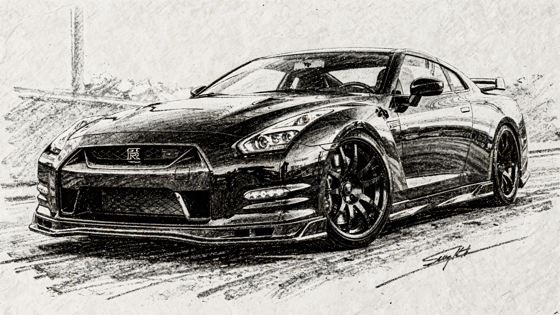 Black-and-white sketch of a Nissan GT-R sports car, rendered as a high-detail 4K Ultra HD PC desktop wallpaper and background.