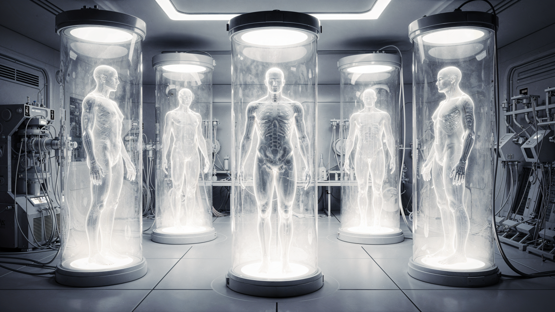 Human Cloning: five translucent humanoid figures suspended in illuminated cylindrical pods inside a sterile lab, 4K Ultra HD PC desktop wallpaper and background.