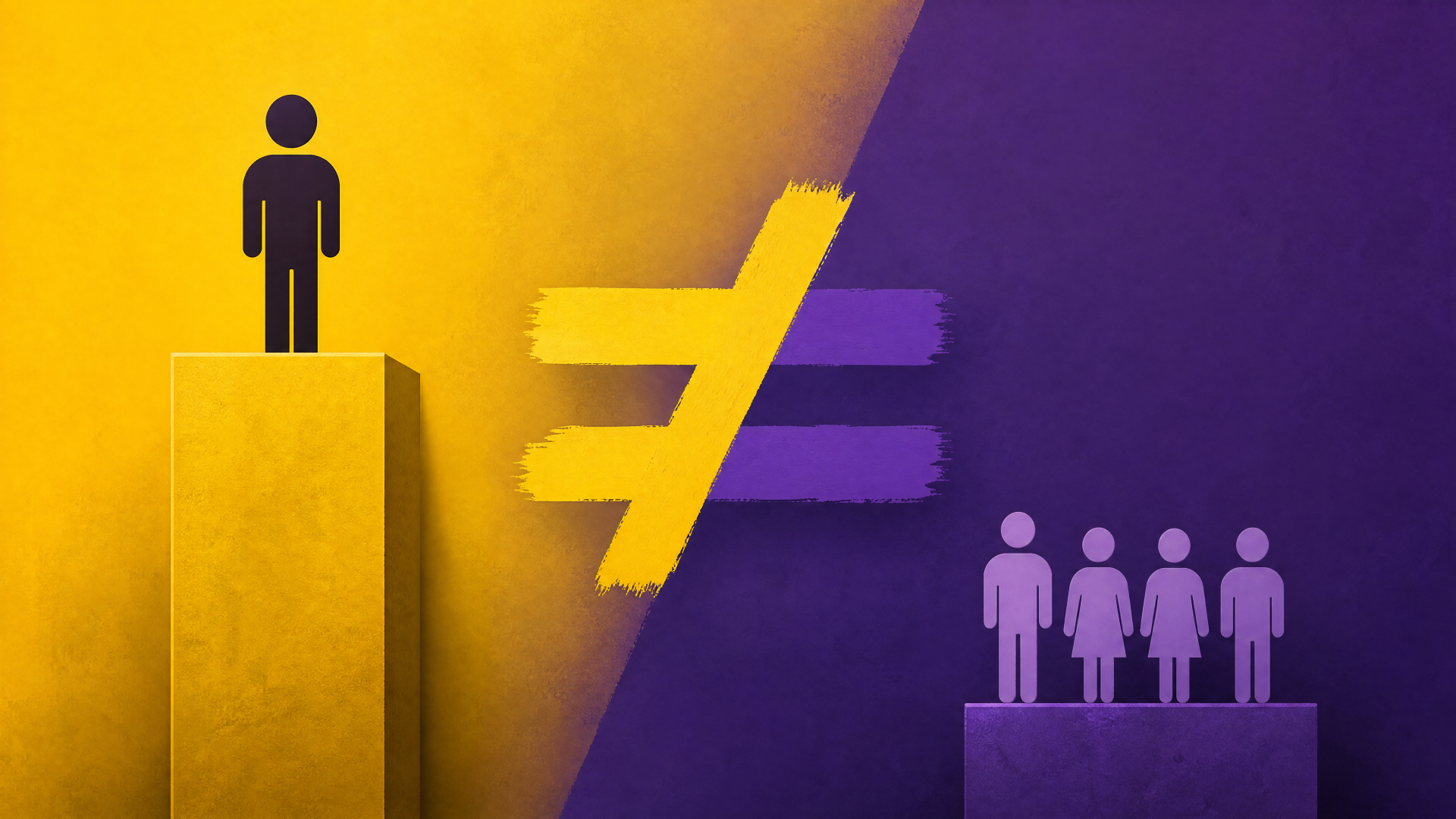 4K Ultra HD PC desktop wallpaper and background depicting inequality: lone figure on a tall yellow pedestal opposite a group on a lower purple pedestal, separated by a bold not-equal sign.