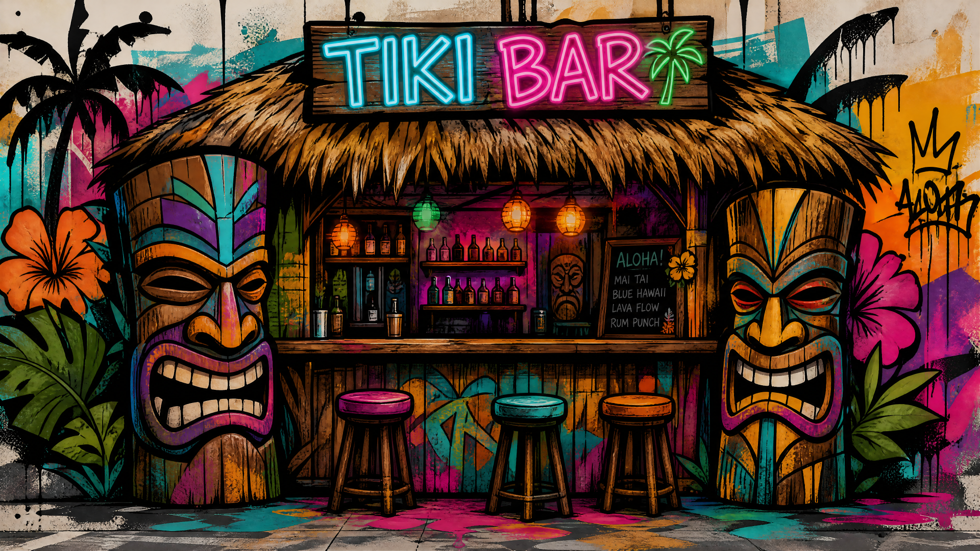 Vibrant 4K Ultra HD PC desktop wallpaper & background showing a neon tiki bar mural: straw-roofed bar, glowing Tiki Bar sign, bold tiki masks, stools and lush tropical foliage.