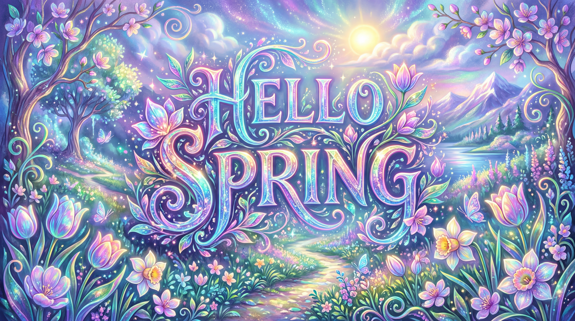 5K Ultra HD PC desktop wallpaper: ornate Hello Spring text in a pastel floral scene with tulips, glowing sun, winding path and whimsical trees.