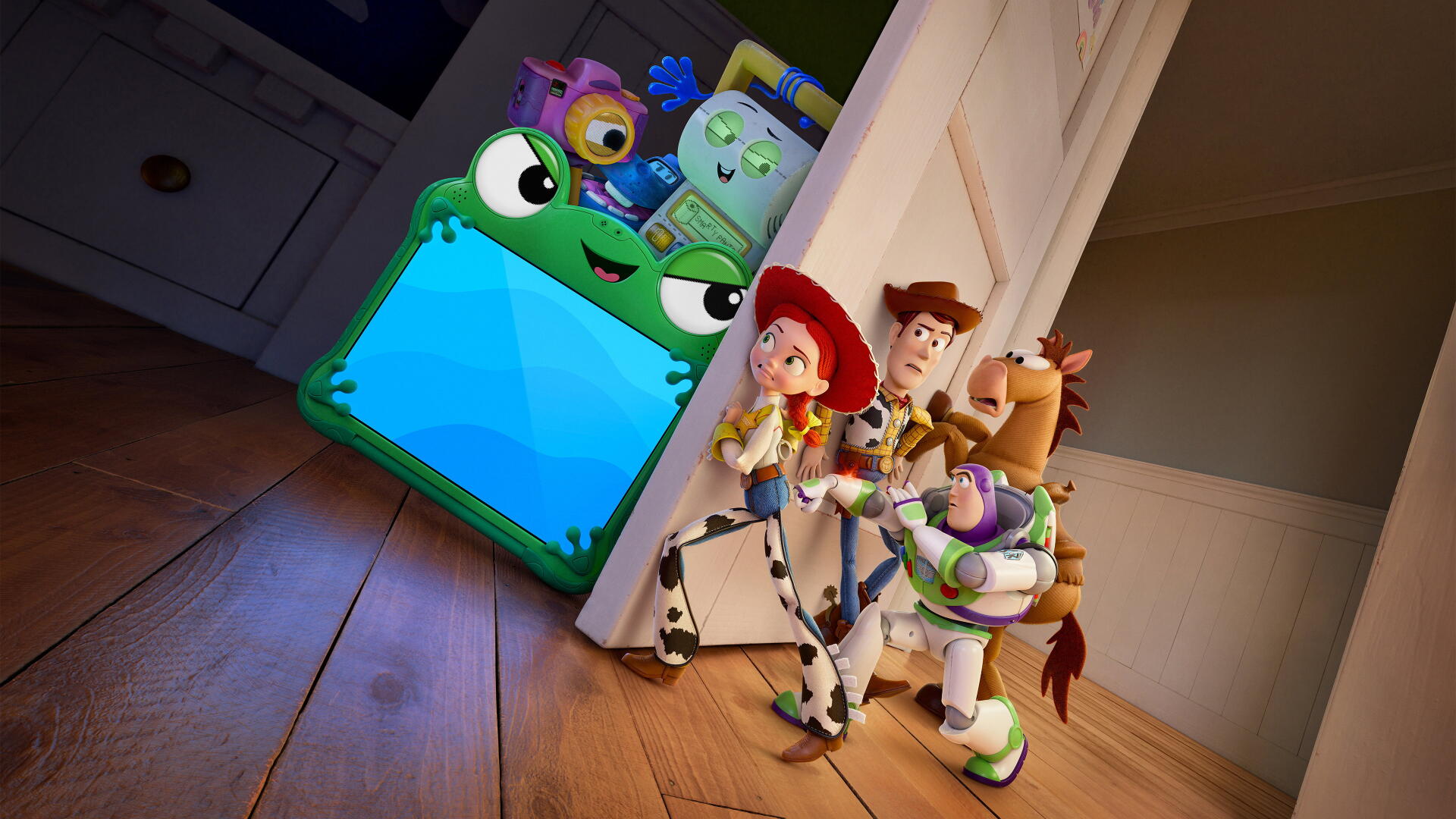 Toy Story 5, Toy Story 4K Ultra HD PC desktop wallpaper/background: Woody, Jessie, Buzz Lightyear and Bullseye peek around a door while three-eyed green aliens crowd a glowing blue screen.
