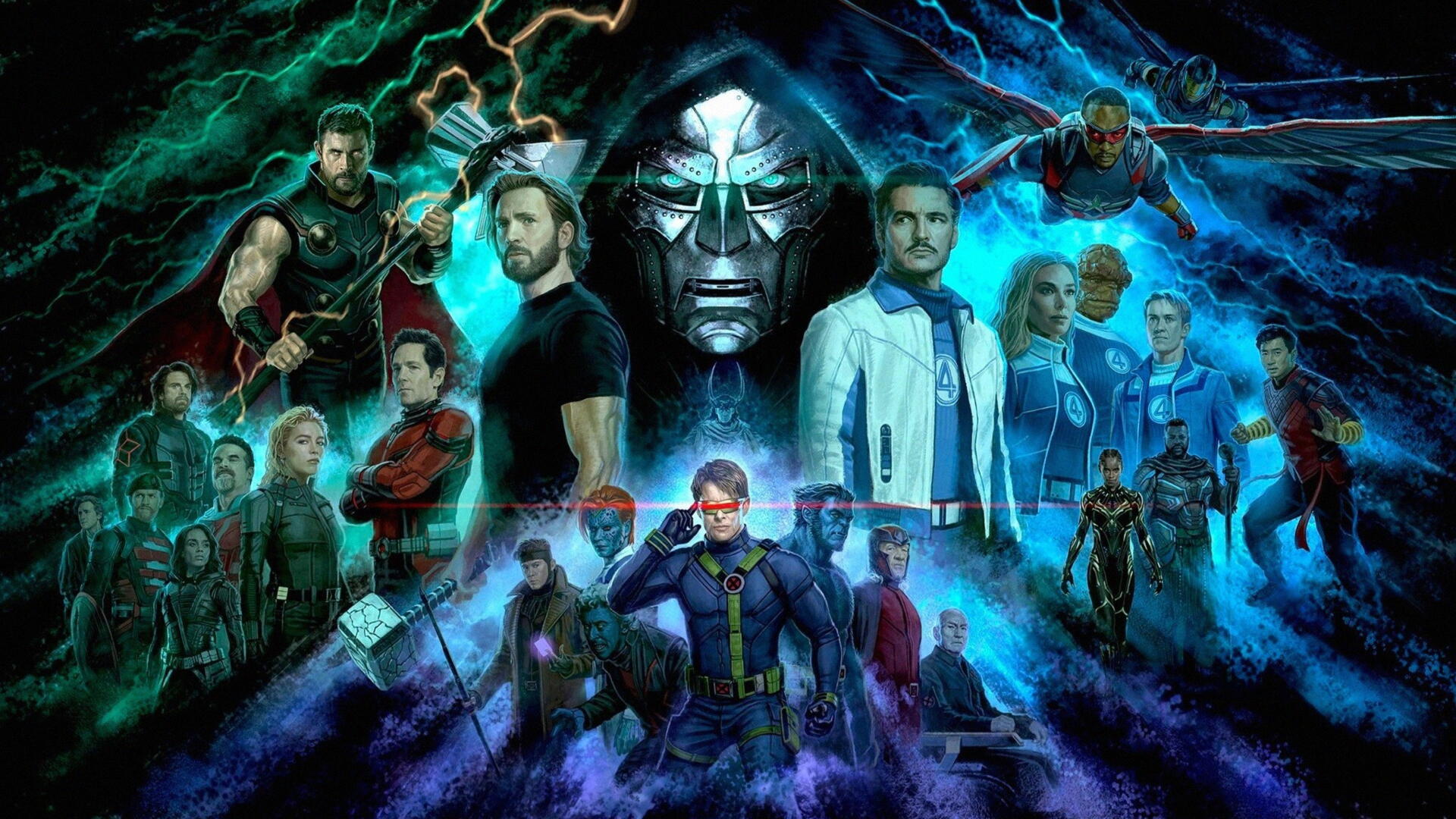 4K Ultra HD PC desktop wallpaper Avengers: Doomsday — Avengers and allies arrayed beneath a towering Doctor Doom amid blue-green lightning and crackling energy