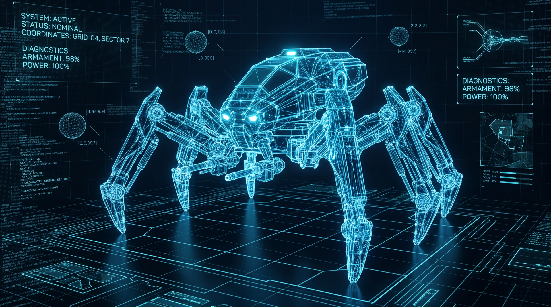 5K Ultra HD PC desktop wallpaper of a glowing blue wireframe spider mech with technical HUD overlays on a holographic grid background.