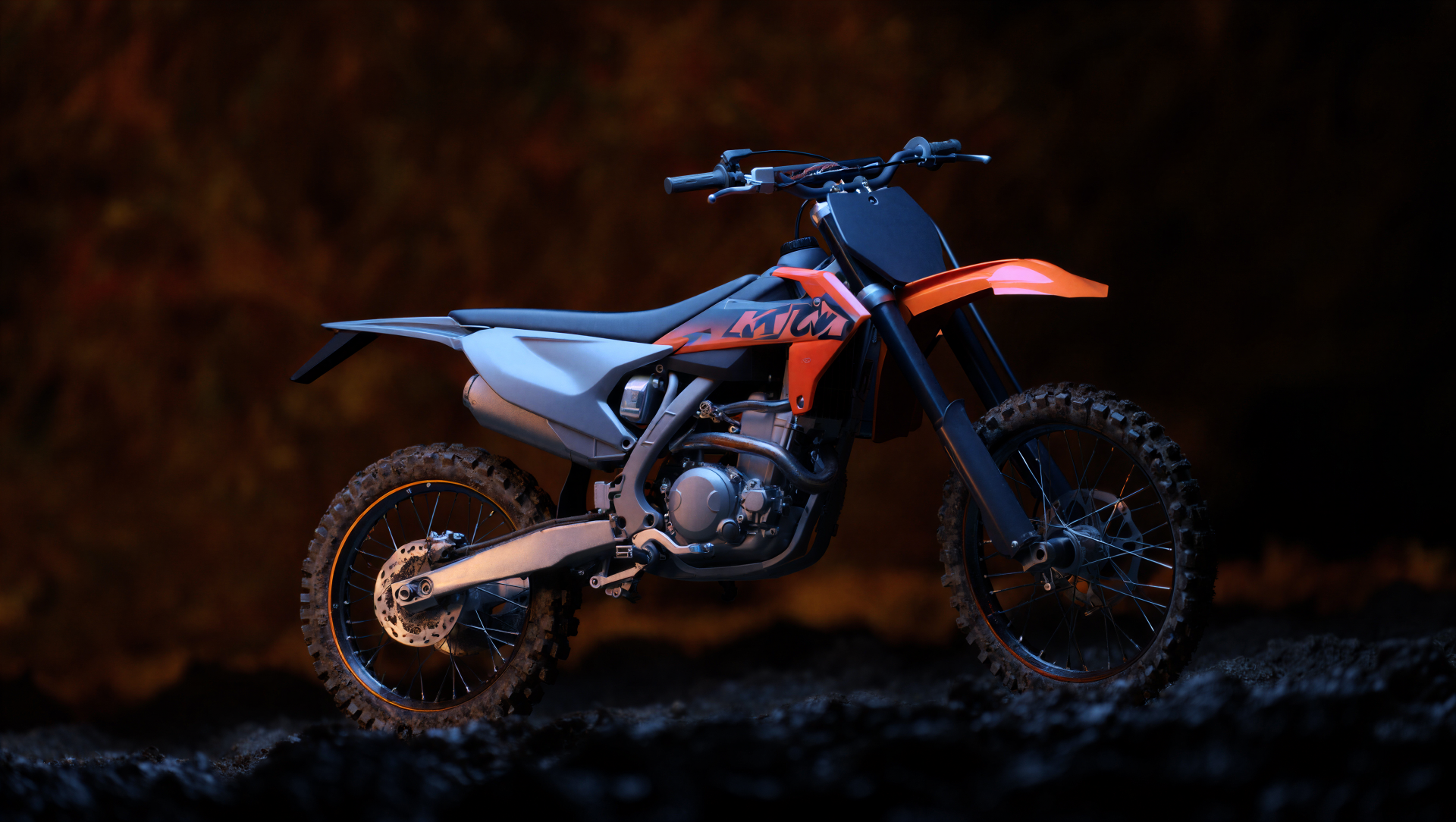 Orange and black dirt bike side profile on dark textured ground with dramatic lighting — 5K Ultra HD PC desktop wallpaper and background.
