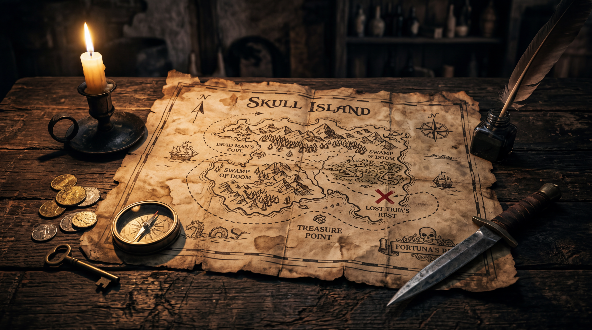 5K Ultra HD PC Desktop Wallpaper and Background: aged treasure map of Skull Island on a wooden table with compass, coins, candle, quill and dagger—X marks the spot.