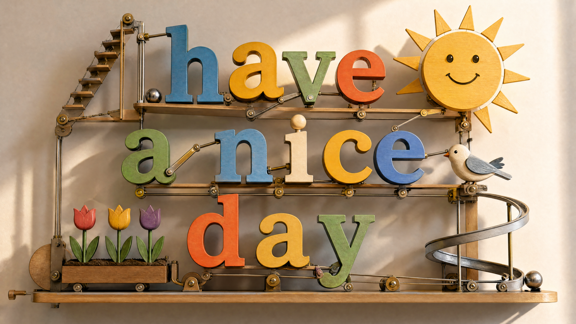 4K Ultra HD PC desktop wallpaper and background showing a playful wooden contraption with colorful letters reading 'have a nice day', a smiling sun, tulips, birds and a marble run.