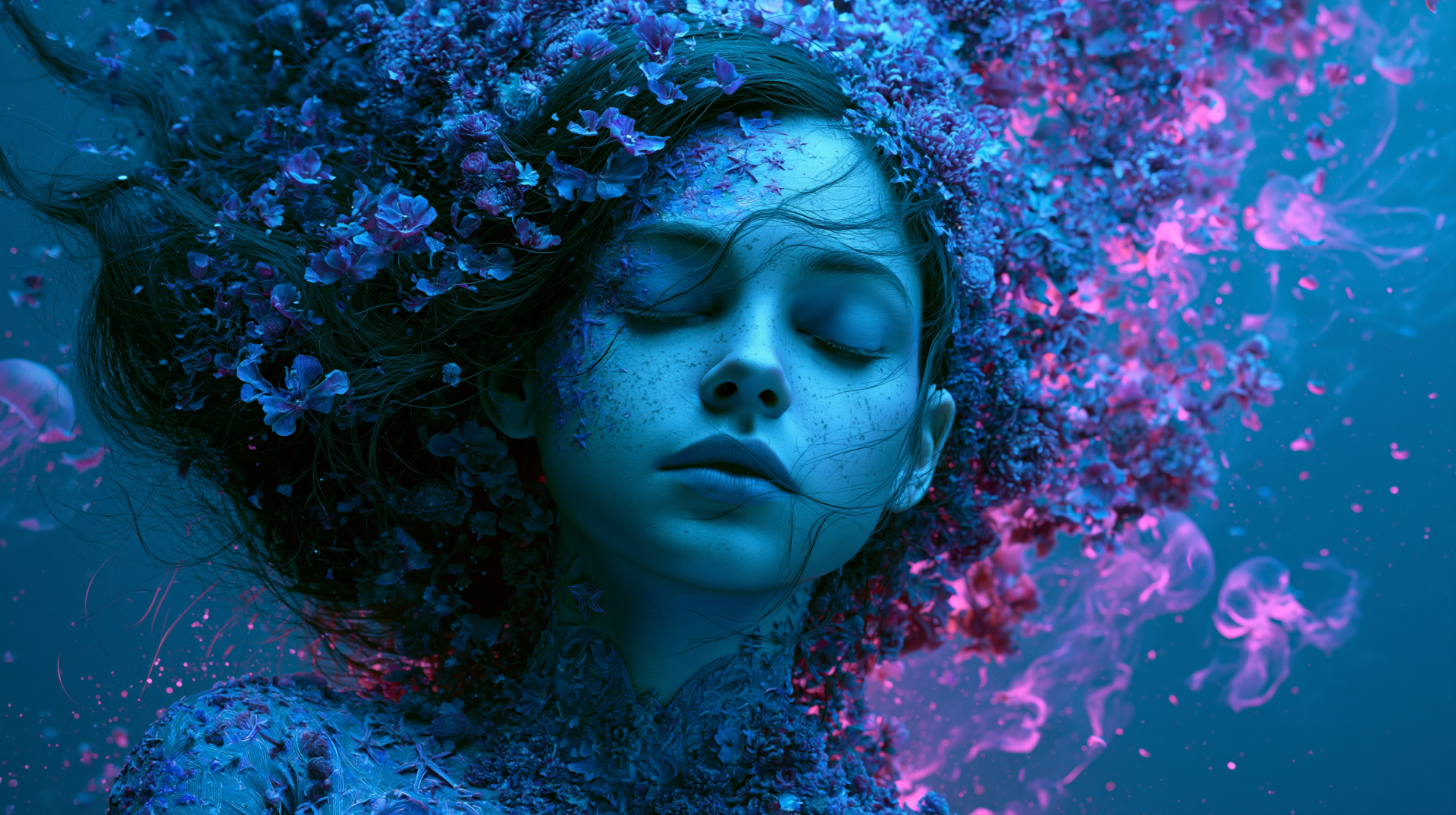 Aesthetic portrait of a woman with closed eyes, surrounded by blue-purple floral textures and ethereal smoke; 2K Quad HD PC desktop wallpaper and background.