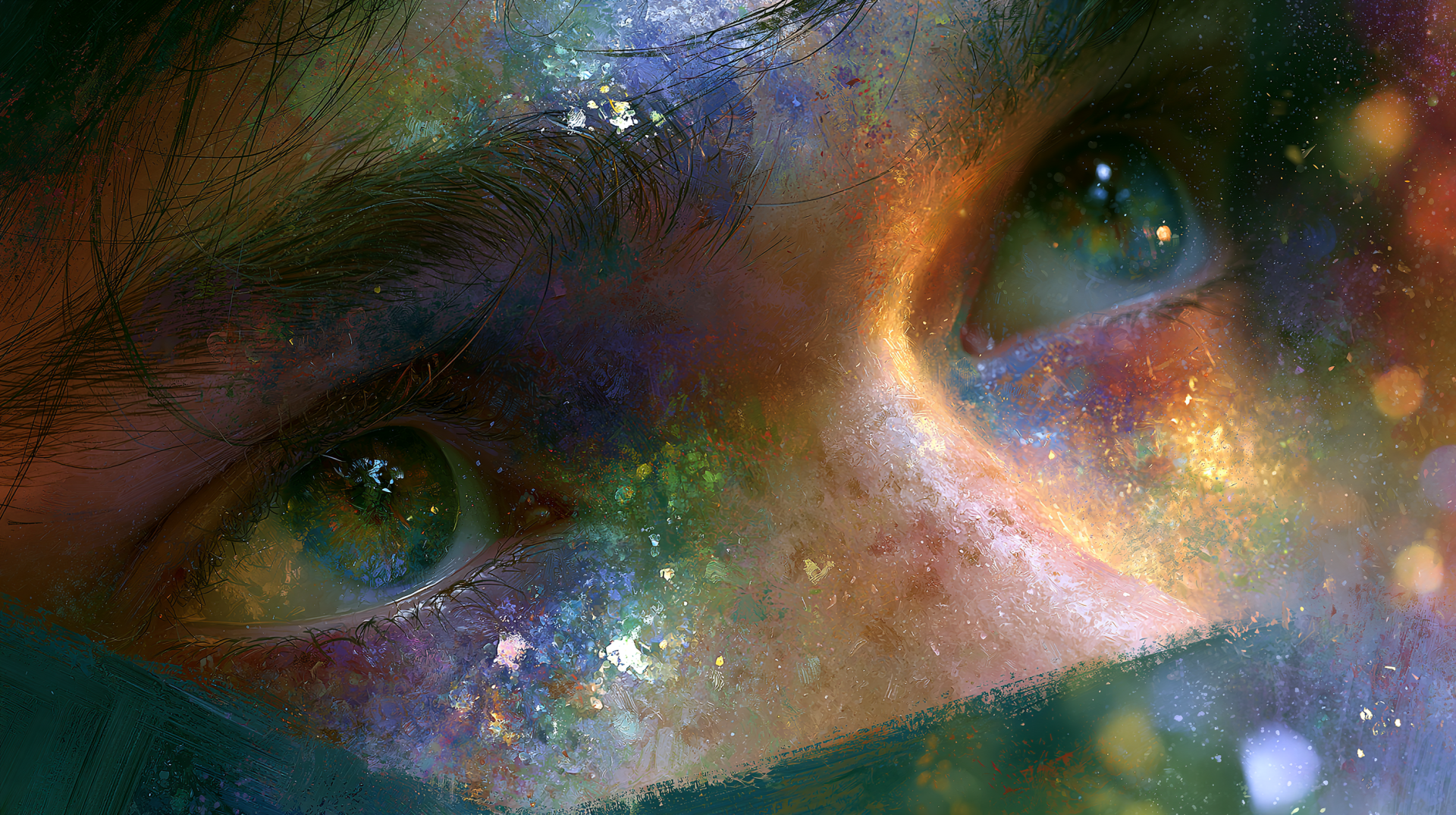 2K Quad HD PC desktop wallpaper: close-up of a woman's face and eyes, cosmic colors and glitter across skin merging into a nebulous galaxy.