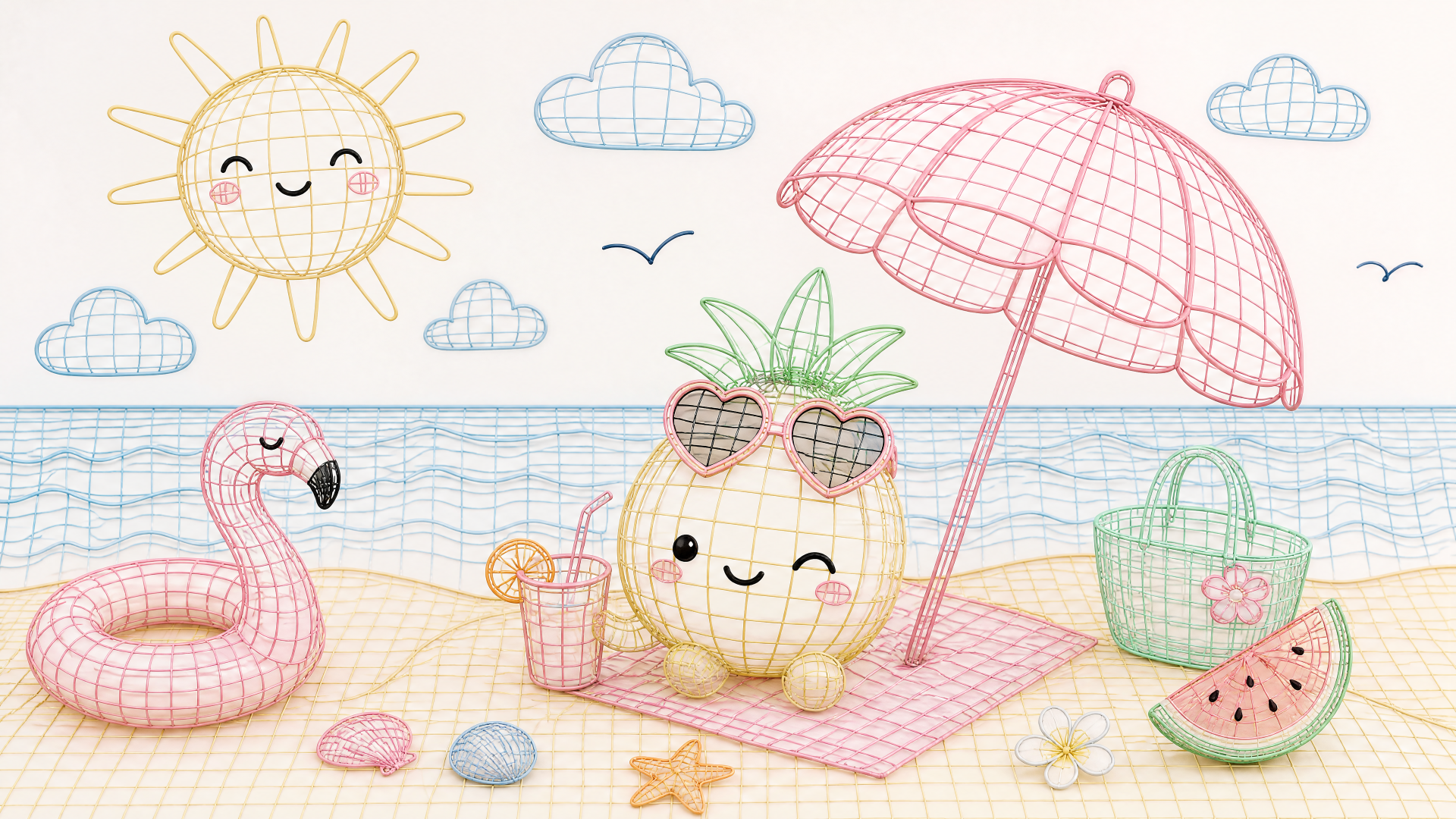 Cute summer 4K Ultra HD PC desktop wallpaper and background: kawaii pineapple with heart sunglasses on a beach mat under an umbrella, flamingo float, watermelon slice, seashells and smiling sun.