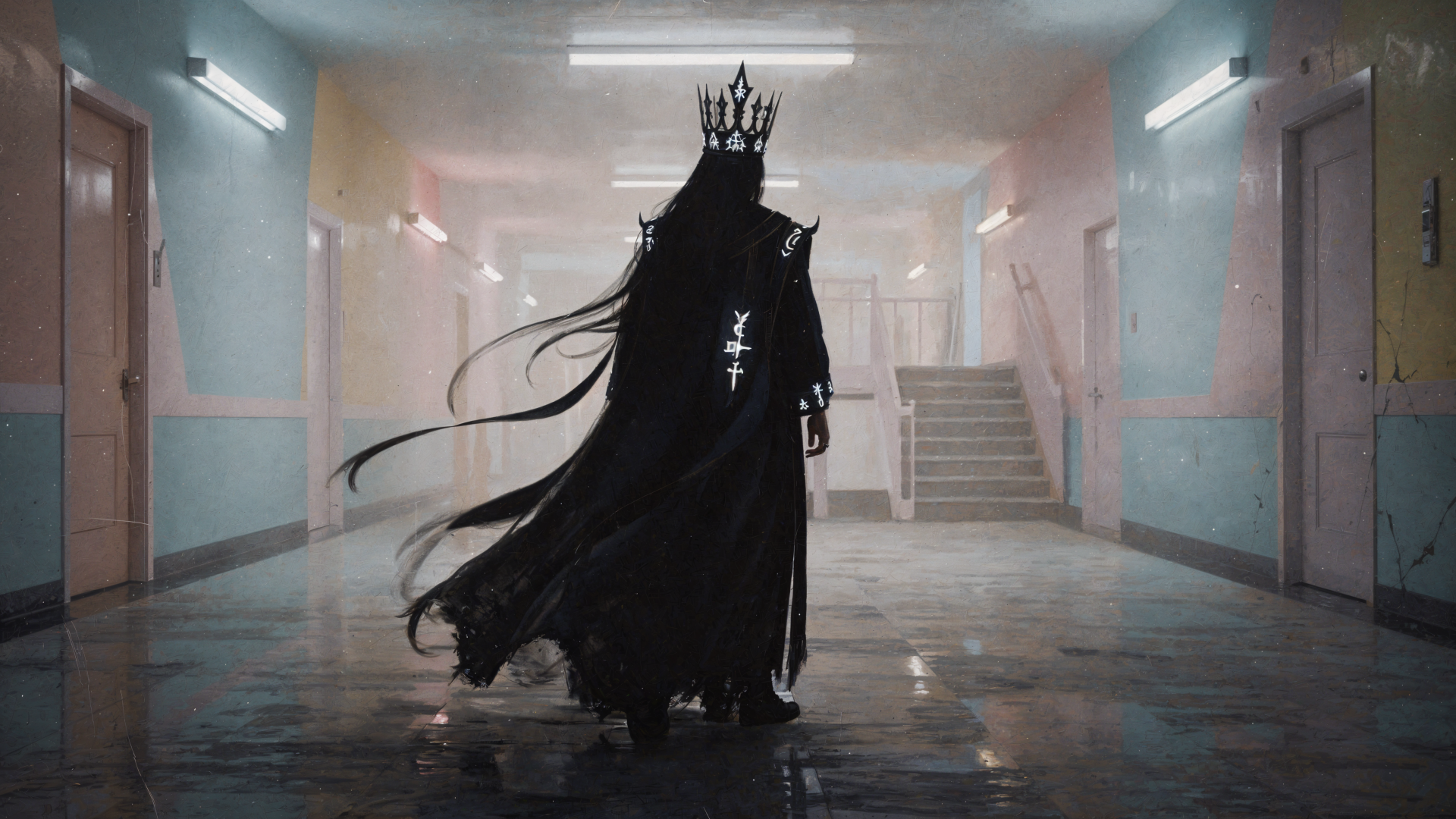 Dark King in a tattered cloak and crown stands in a dim, reflective hallway, backlit by harsh fluorescent lights — 4K Ultra HD PC desktop wallpaper/background.