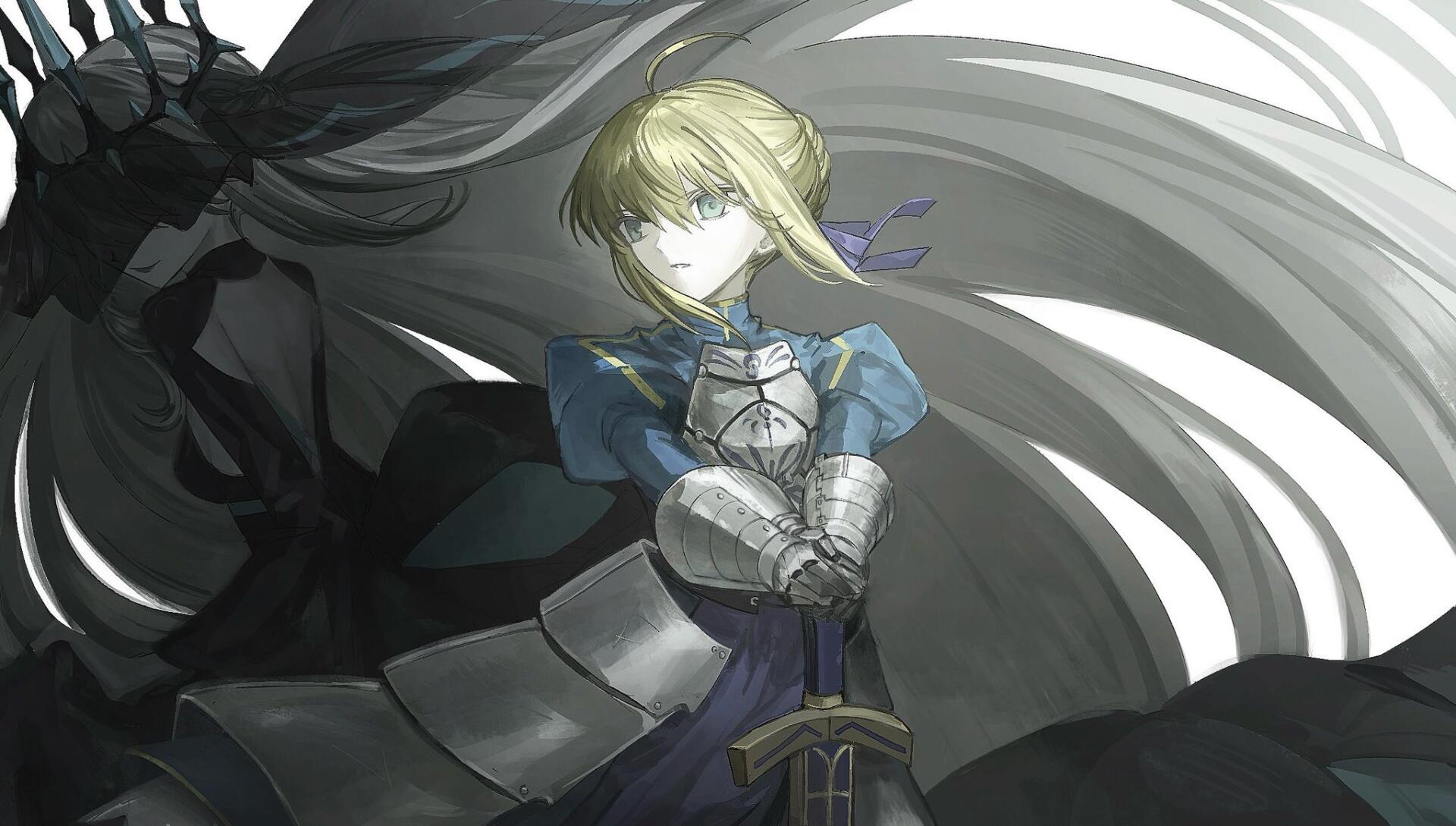 Anime HD PC desktop wallpaper and background: armored blonde knight in blue dress holding a sword, pale face illuminated against a swirling dark cloak and horse silhouette.