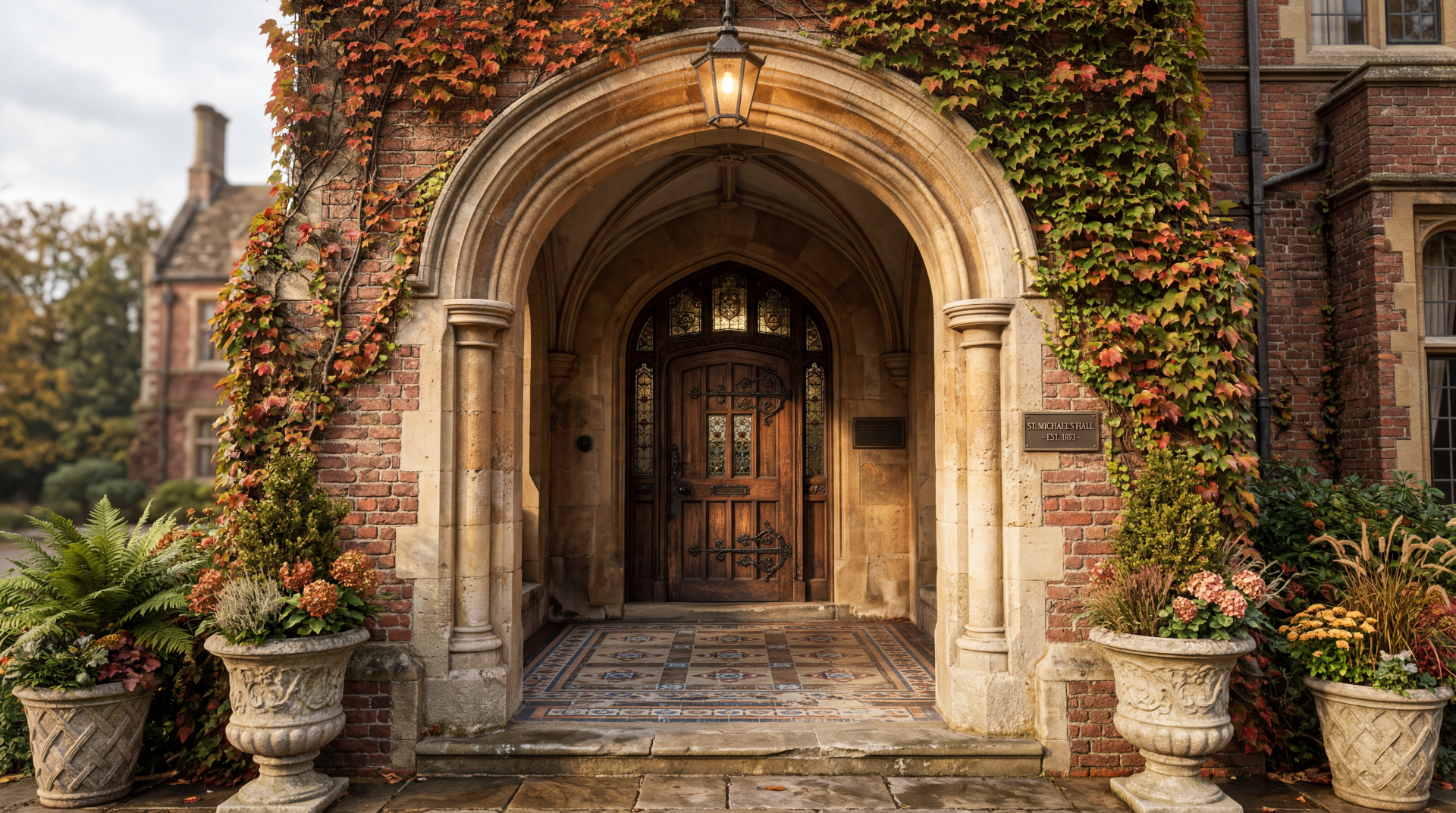 Stone arched entrance with ornate wooden door, warm lantern light, climbing autumn ivy and stone planters — 5K Ultra HD PC desktop wallpaper/background.