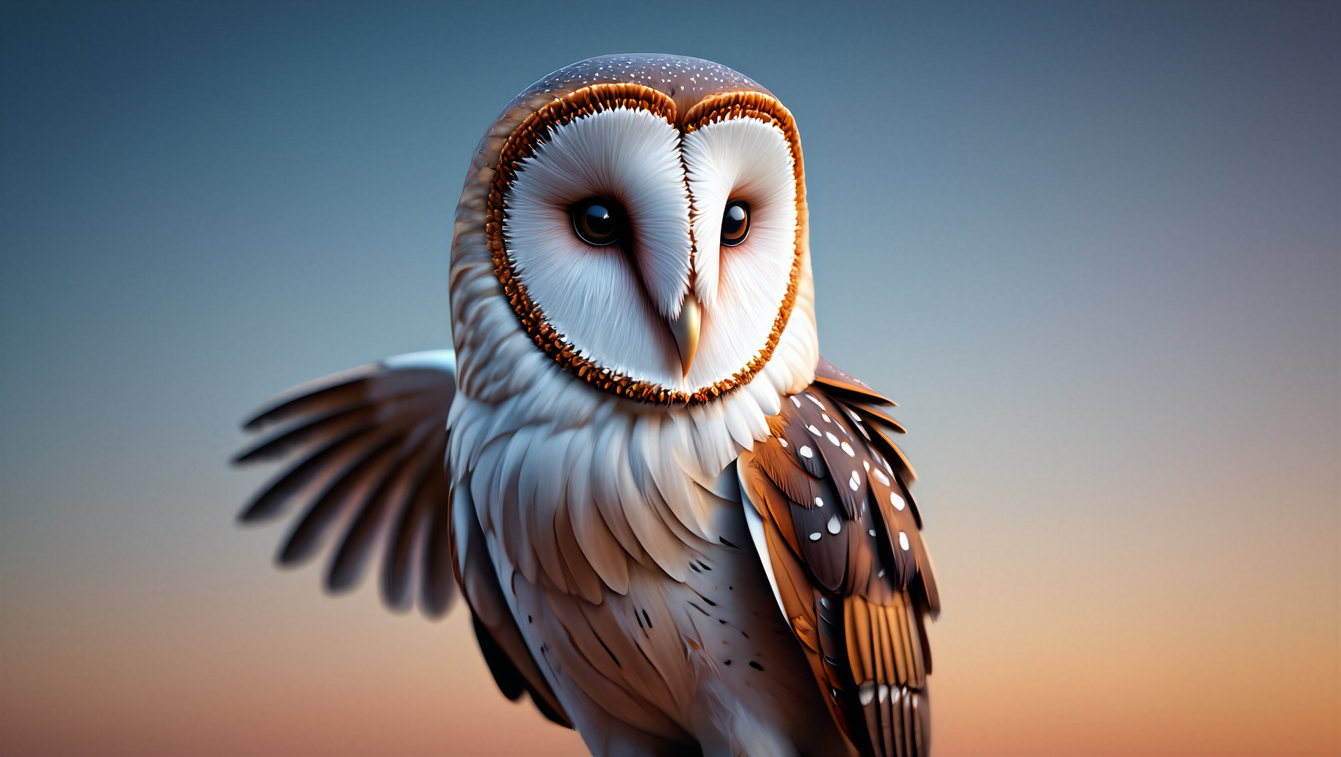 Barn owl at dusk with detailed feathers and soft bokeh — 5K Ultra HD PC desktop wallpaper and background.
