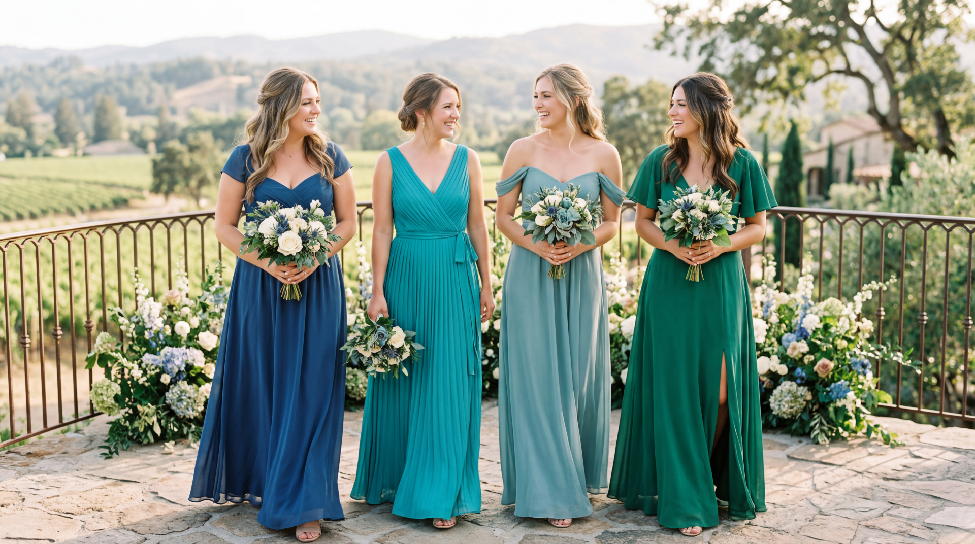 Four bridesmaids in blue-green bridesmaid dresses holding bouquets on a sunlit terrace overlooking vineyards — 5K Ultra HD PC desktop wallpaper and background.