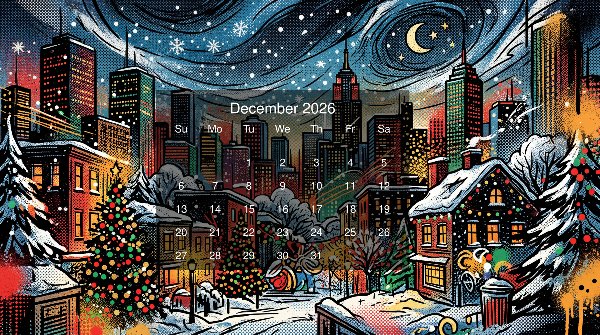 Snowy city night with crescent moon, lit houses and Christmas tree; December 2026 calendar overlaid — 5K Ultra HD PC desktop wallpaper.