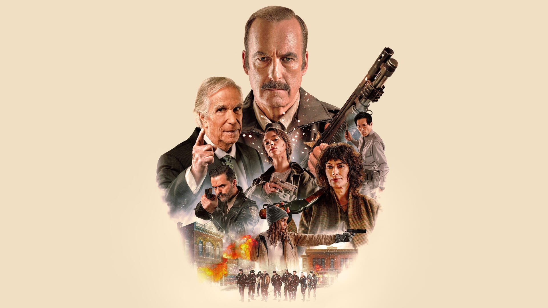 4K Ultra HD PC desktop wallpaper: cinematic collage of stern-faced characters, a mustached man, armed figures, burning town and silhouetted march on a pale beige background.