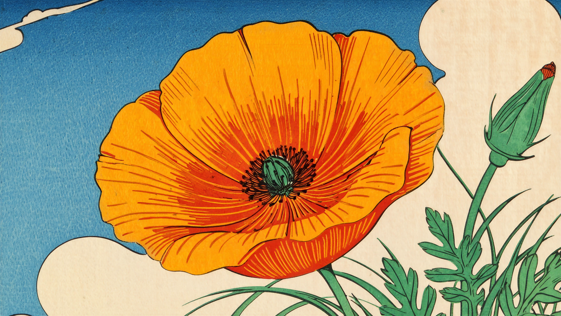 Close-up illustration of a vibrant orange California poppy with green foliage against a blue sky — 5K Ultra HD PC desktop wallpaper/background.