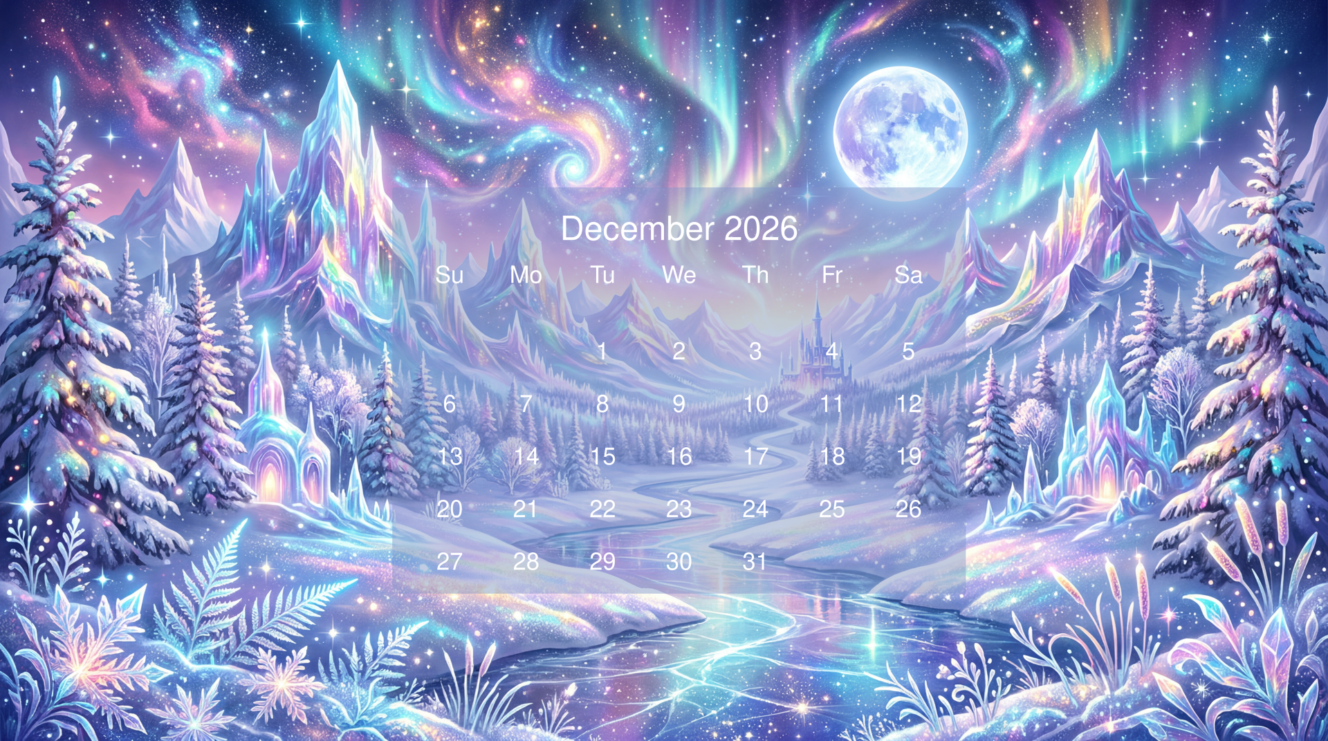 December 2026 calendar over a dreamy pastel winter fantasy landscape with aurora, full moon, crystalline mountains and frozen lake — 5K Ultra HD PC desktop wallpaper and background.