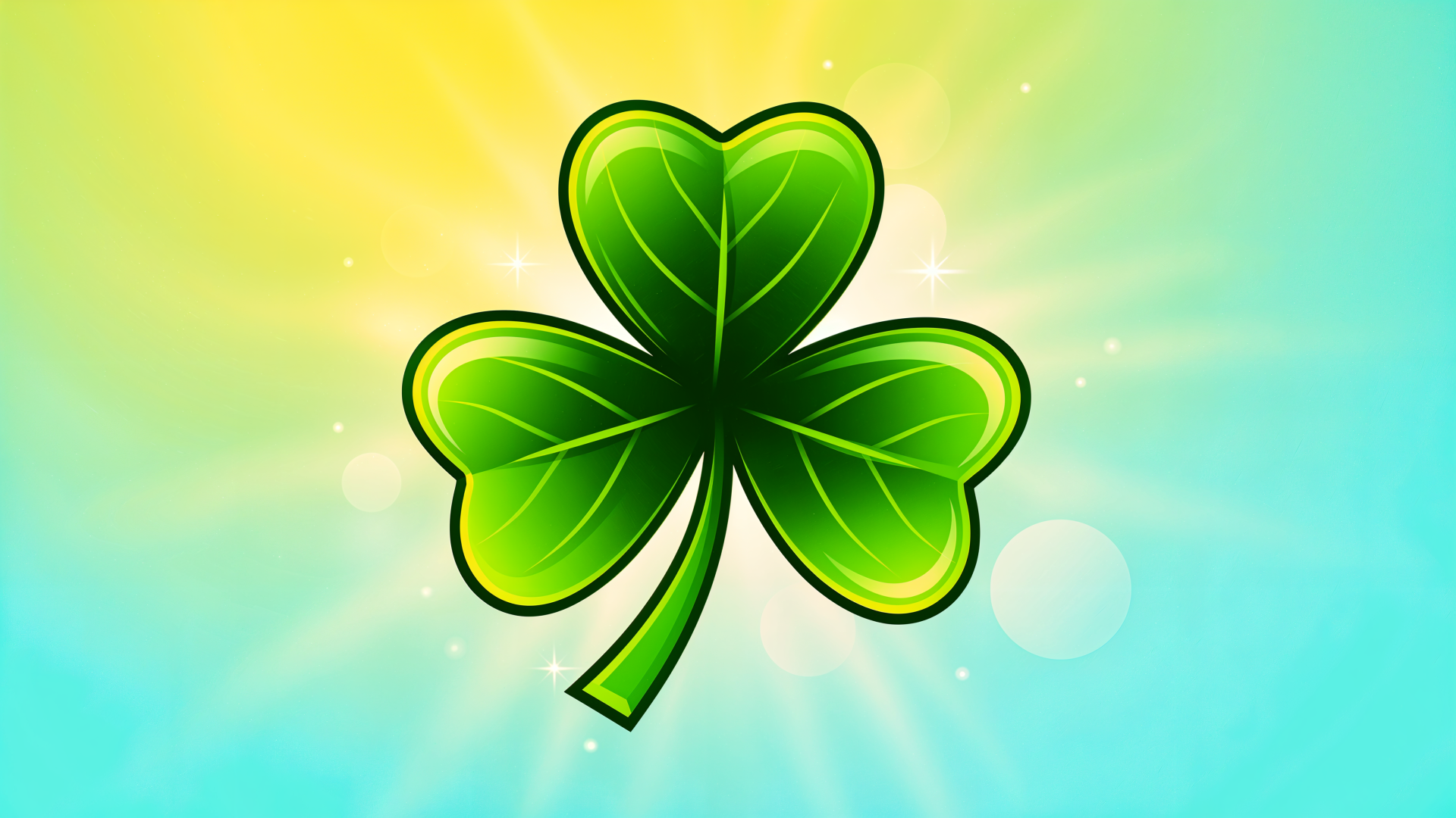Stylized green shamrock with glowing edges against a sunlit blue-green-yellow gradient and light rays — 4K Ultra HD PC desktop wallpaper background.