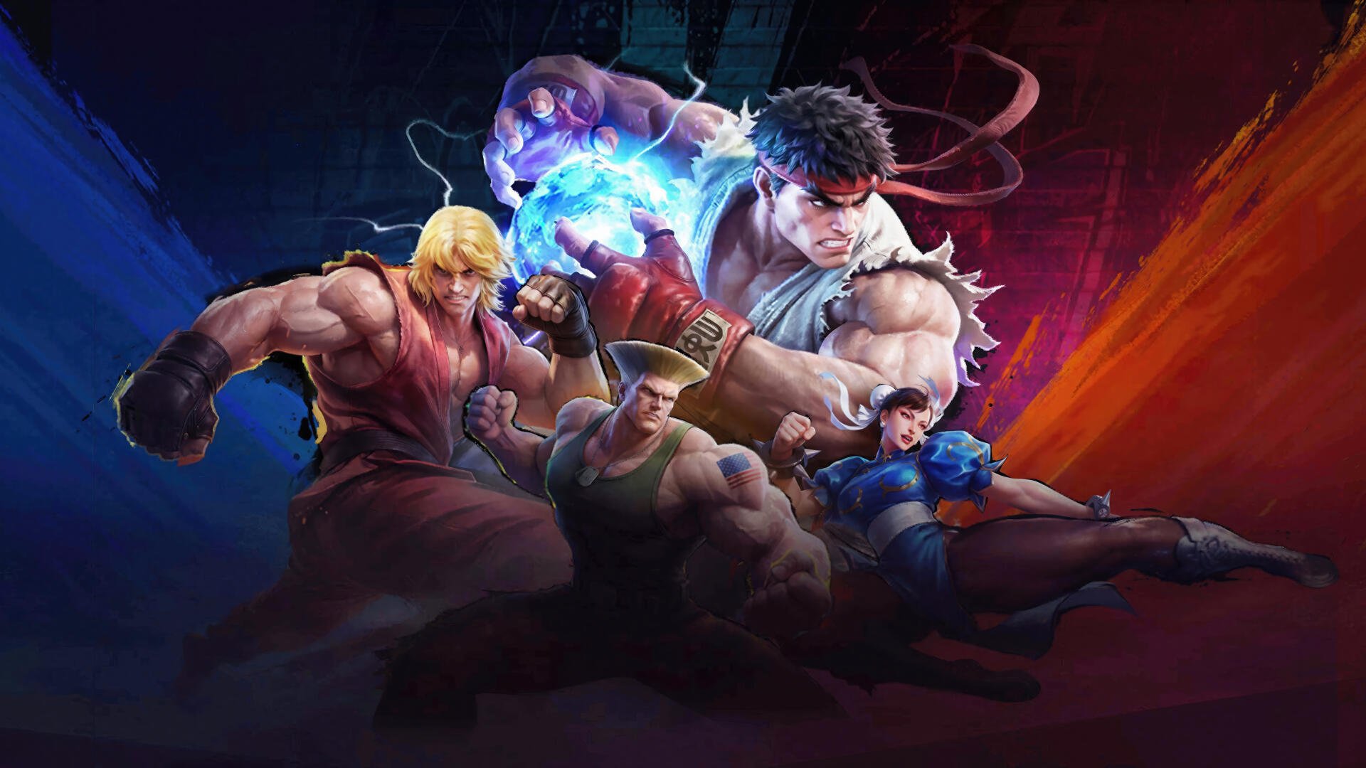Street Fighter 6 4K Ultra HD PC wallpaper: Ryu, Ken, Chun-Li, Guile and Luke in dynamic battle stances against a blue-and-red energy backdrop.