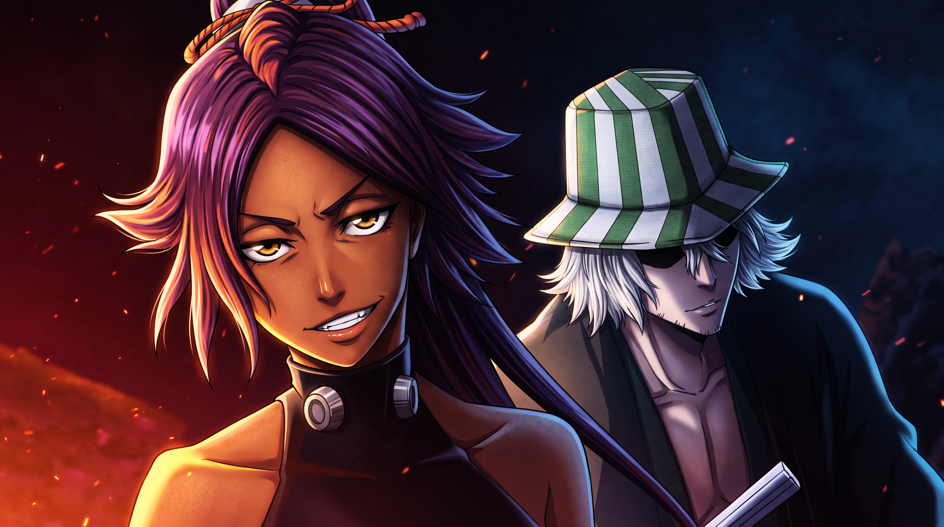 5K Ultra HD PC desktop anime wallpaper of Bleach: Thousand-Year Blood War — Yoruichi Shihôin in foreground with Kisuke Urahara behind, dramatic lighting and vivid colors.