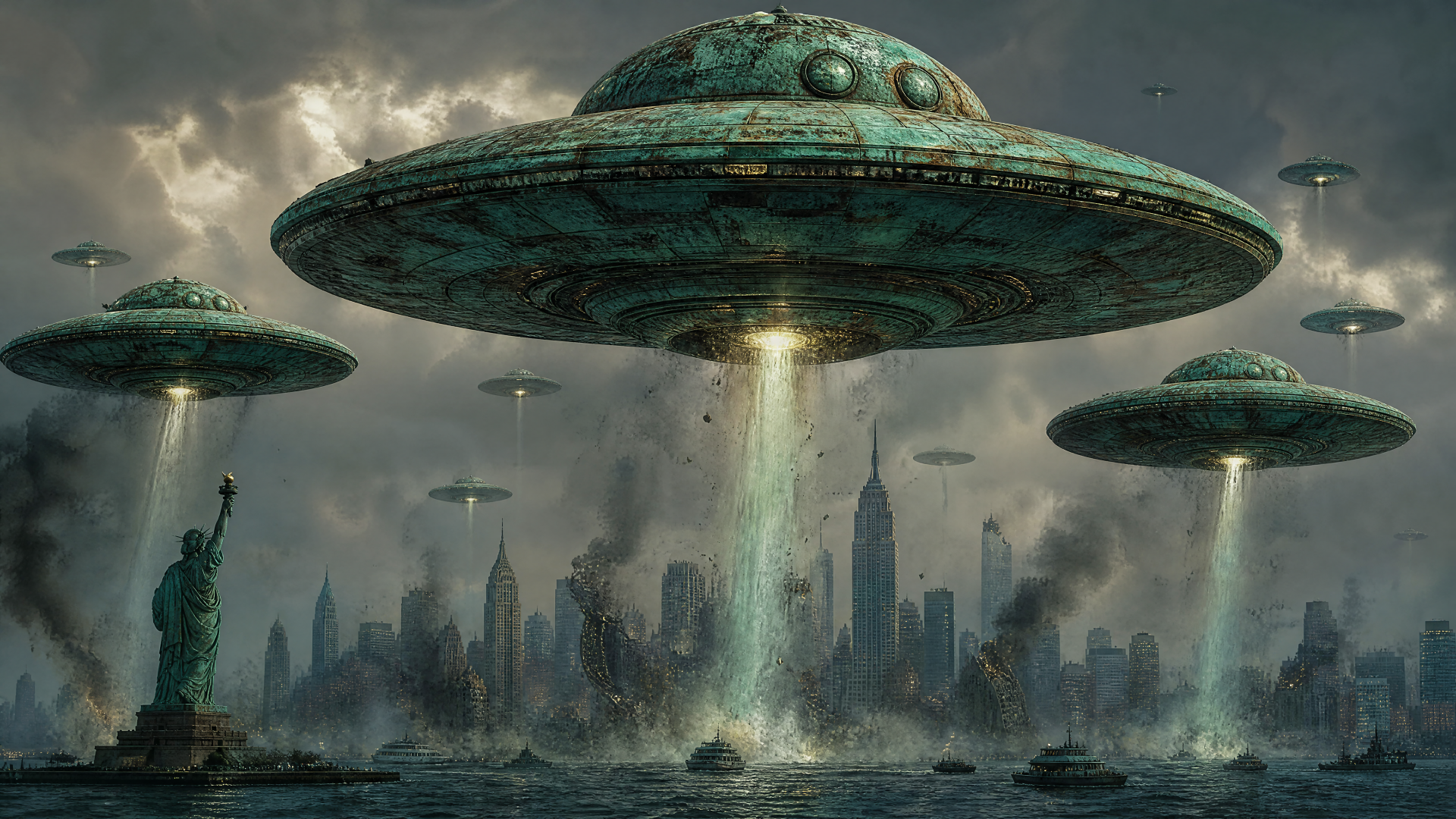 UFO invasion 4K Ultra HD PC Desktop Wallpaper and Background — giant green saucers hover over a stormy city, beams of light strike the water near the Statue of Liberty.