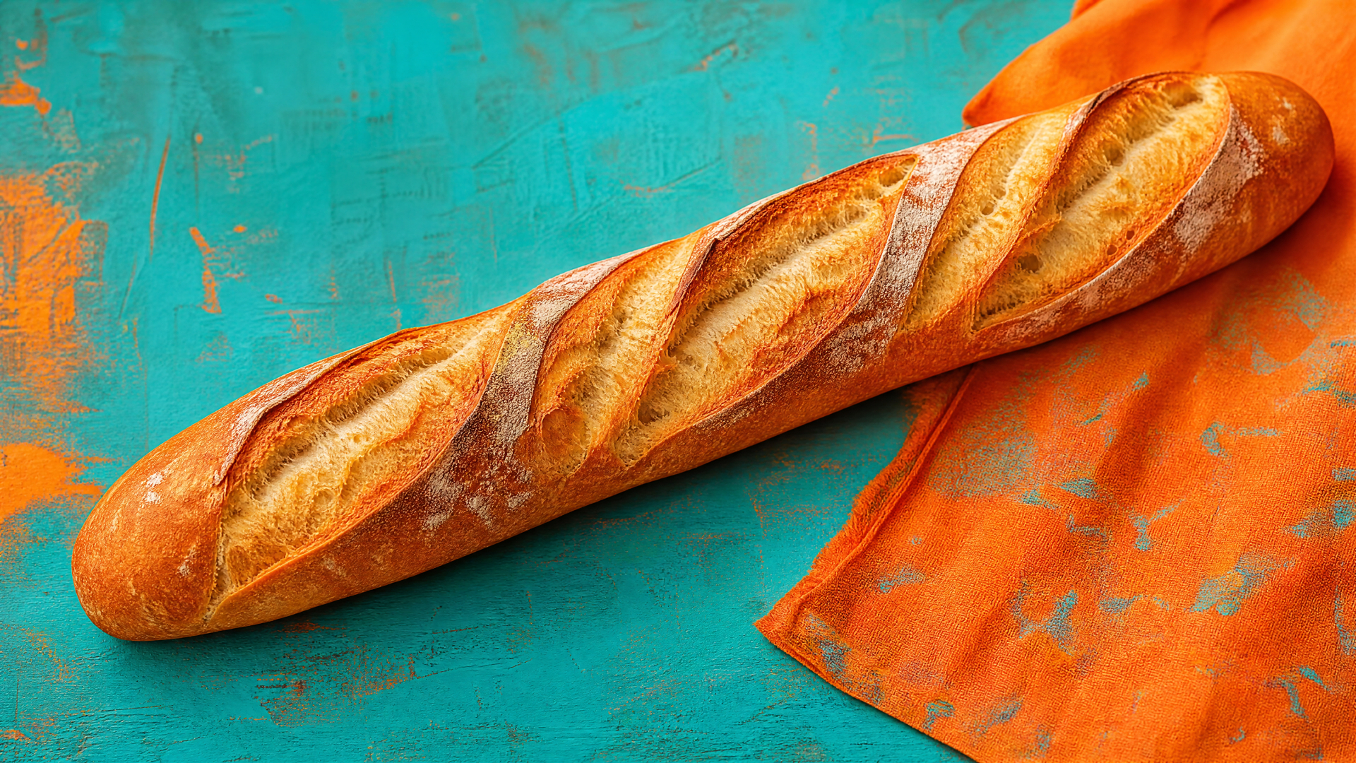 4K Ultra HD PC desktop wallpaper and background showing a golden baguette on a turquoise surface with an orange cloth.