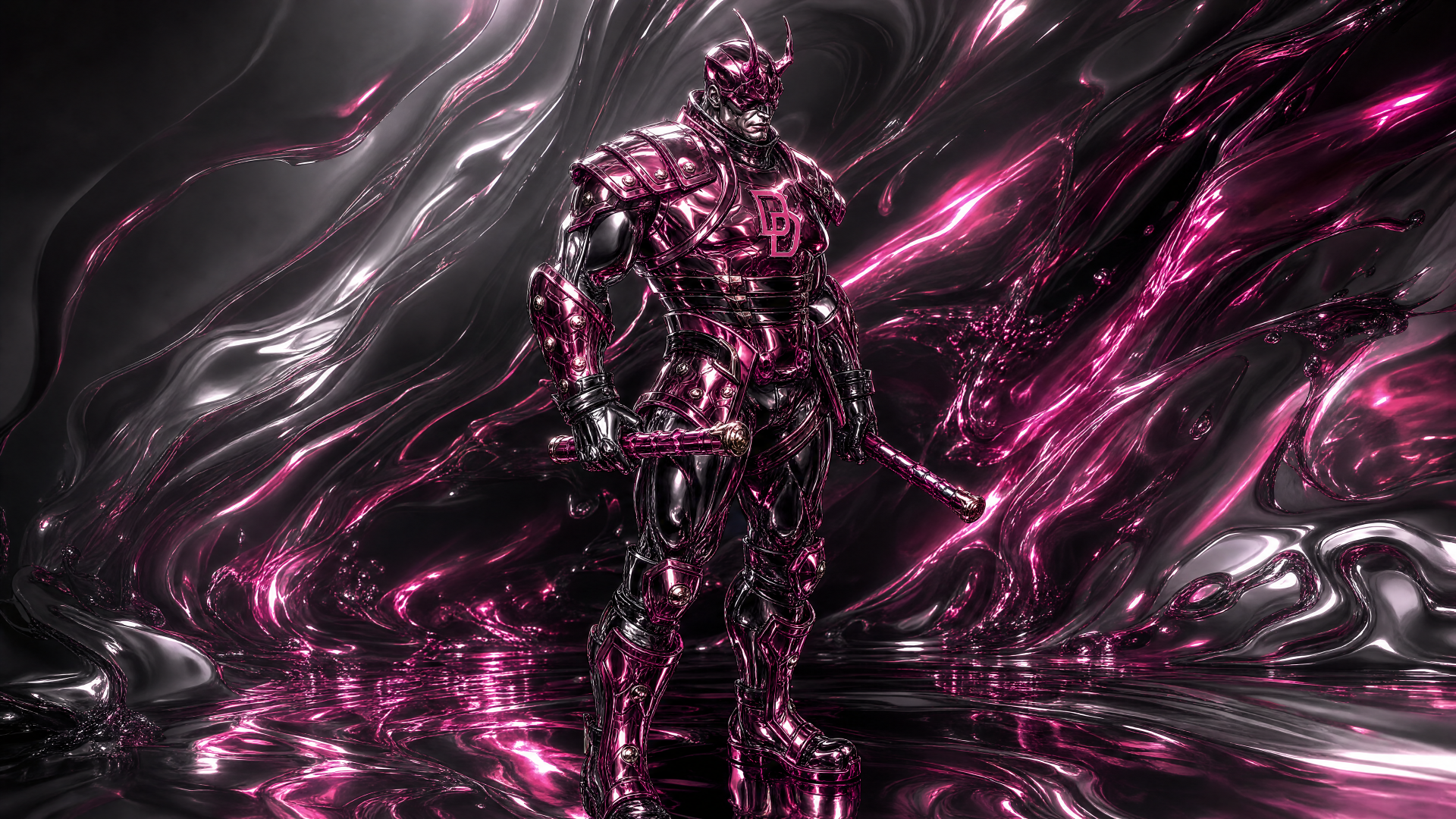 Marvel Rivals 4K Ultra HD PC Desktop Wallpaper and Background — reflective magenta-armored warrior stands on a mirrored surface, holding weapons amid swirling metallic black and purple energy.