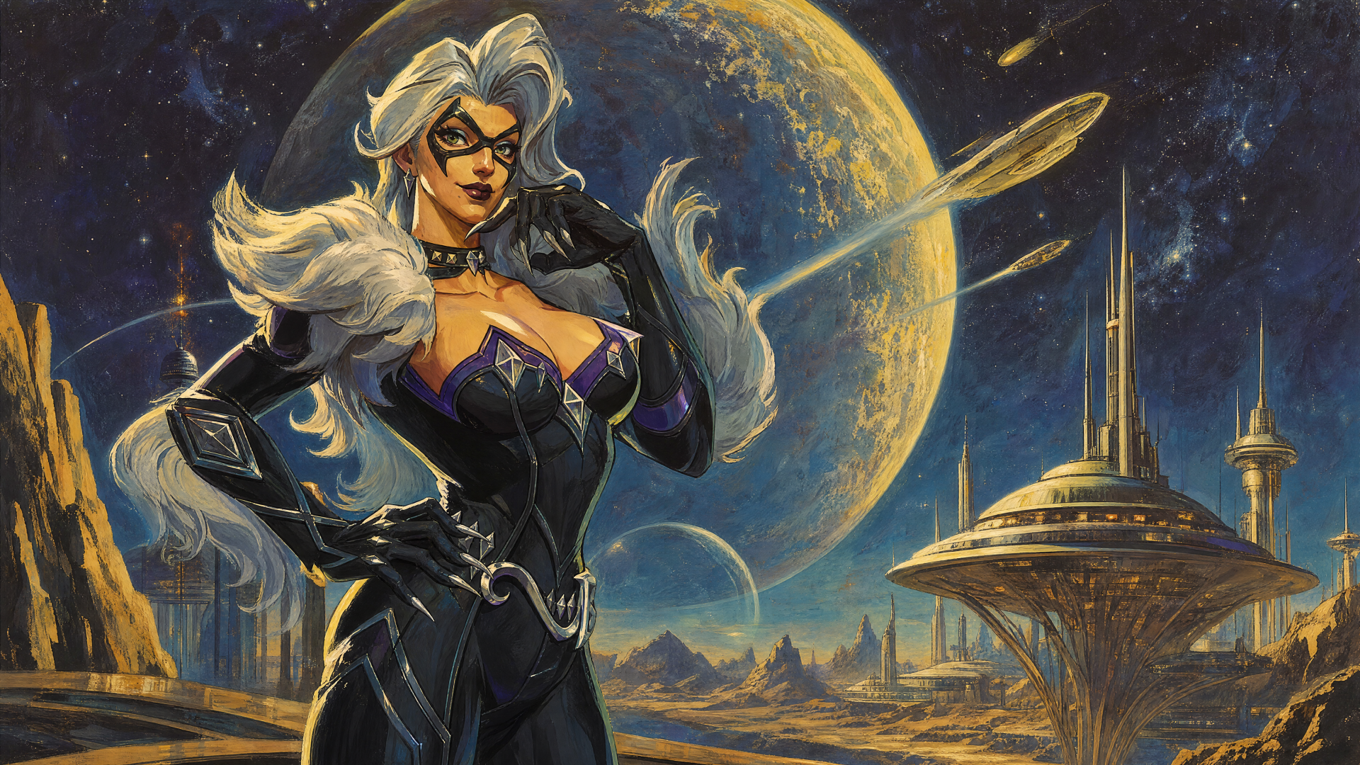 Black Cat in a sleek black suit with white hair poses before an alien city and huge moon — Marvel Rivals 4K Ultra HD PC desktop wallpaper and background.