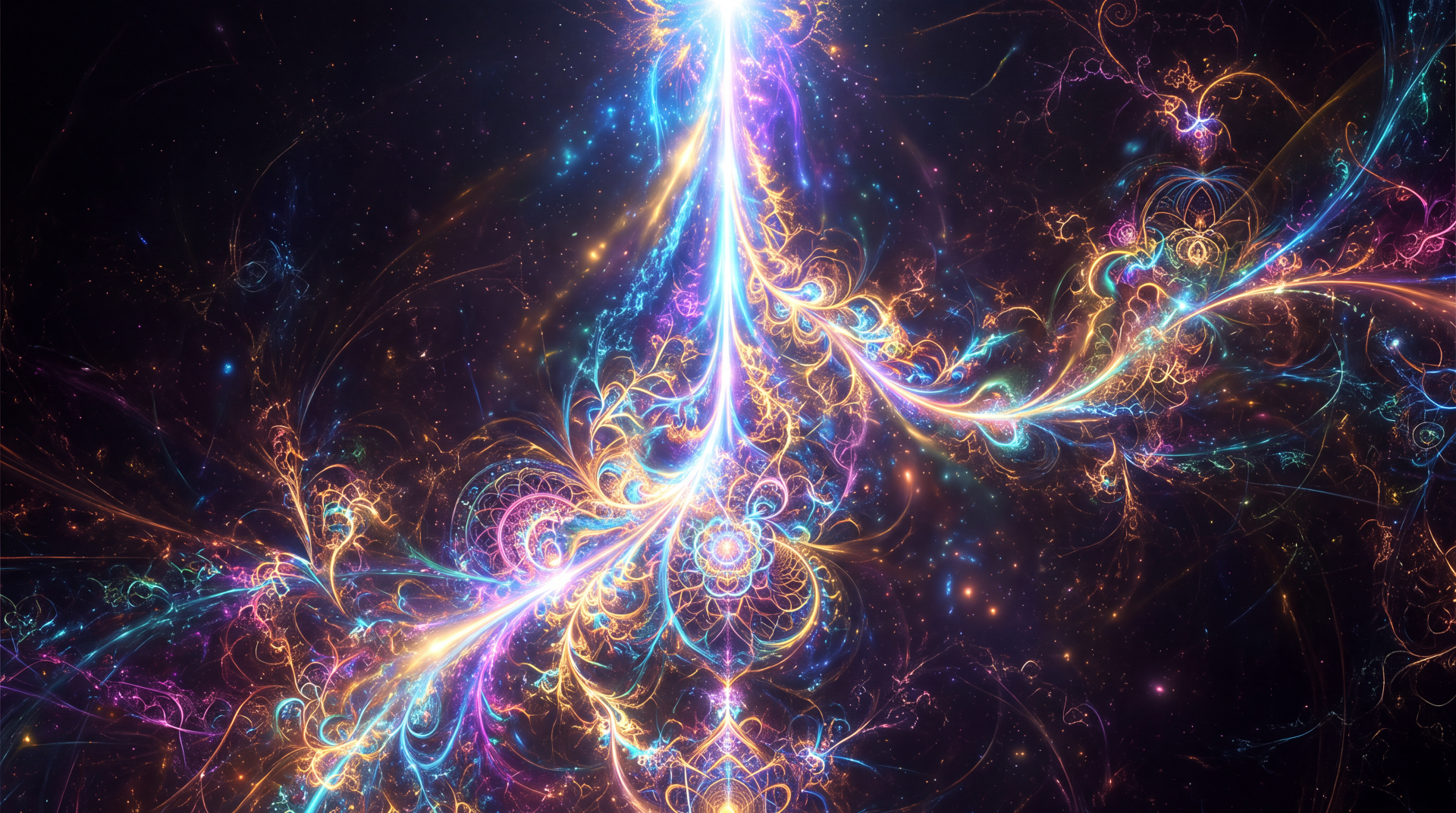 5K Ultra HD PC desktop wallpaper: a radiant vertical beam of light piercing a cosmic fractal of colorful swirling filaments and glowing nebulae.