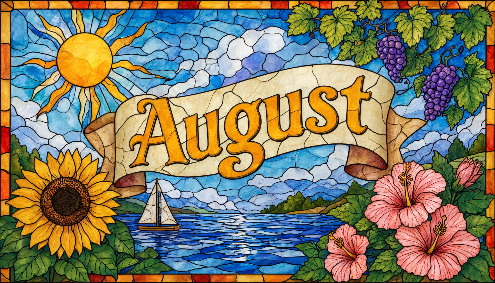 Stained-glass style illustration reading August over a sunny seaside with sailboat, sunflower, hibiscus and grapes — 5K Ultra HD PC desktop wallpaper and background.