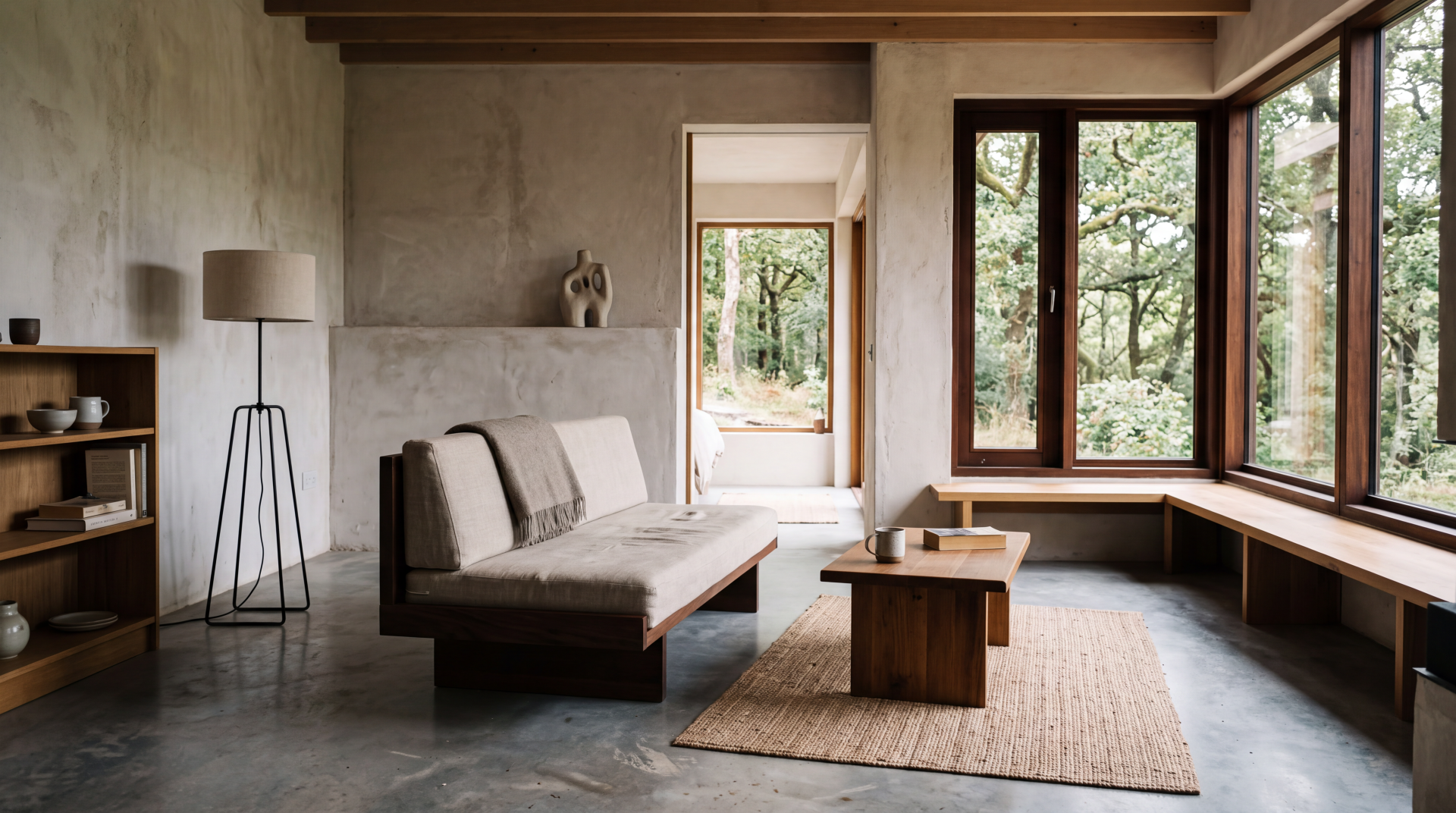 Minimalist home interior: low-profile sofa, wooden coffee table and bench seating by large windows overlooking trees — 5K Ultra HD PC desktop wallpaper and background.