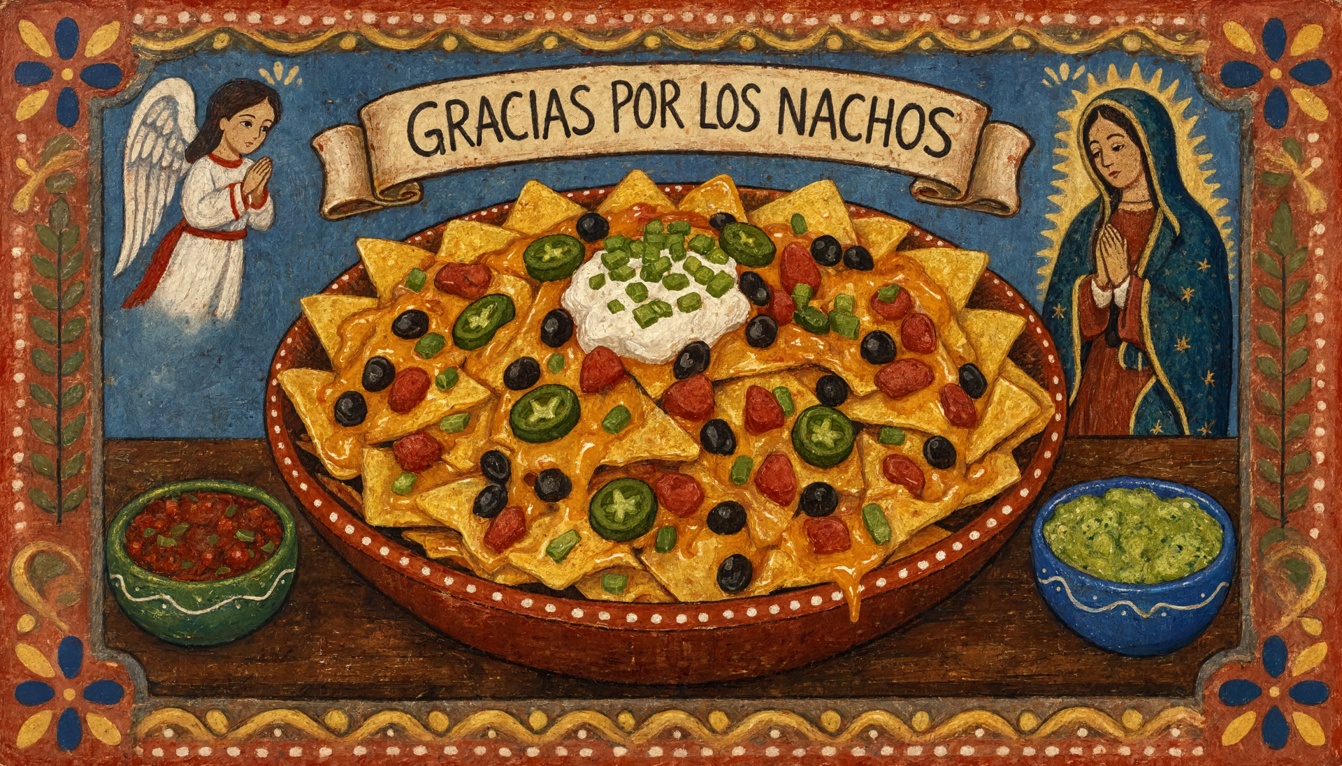 5K Ultra HD PC desktop wallpaper: colorful folk‑art scene of a bowl of nachos with jalapeños, olives and sour cream, flanked by bowls of salsa and guacamole and devotional figures.