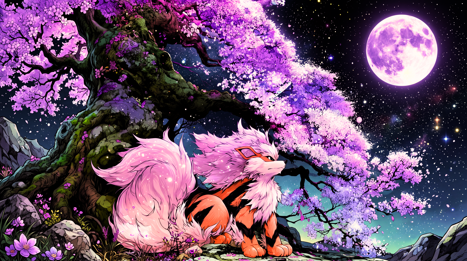 5K Ultra HD anime-style wallpaper of Arcanine under a glowing full moon amid pink sakura in a lucid-dream landscape — vivid, fantastical Pokémon desktop background.