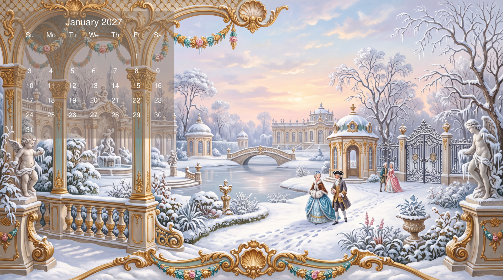 January 2027 calendar — ornate snowy palace garden with period-dressed figures, bridges and classical pavilions; 5K Ultra HD PC desktop wallpaper and background.