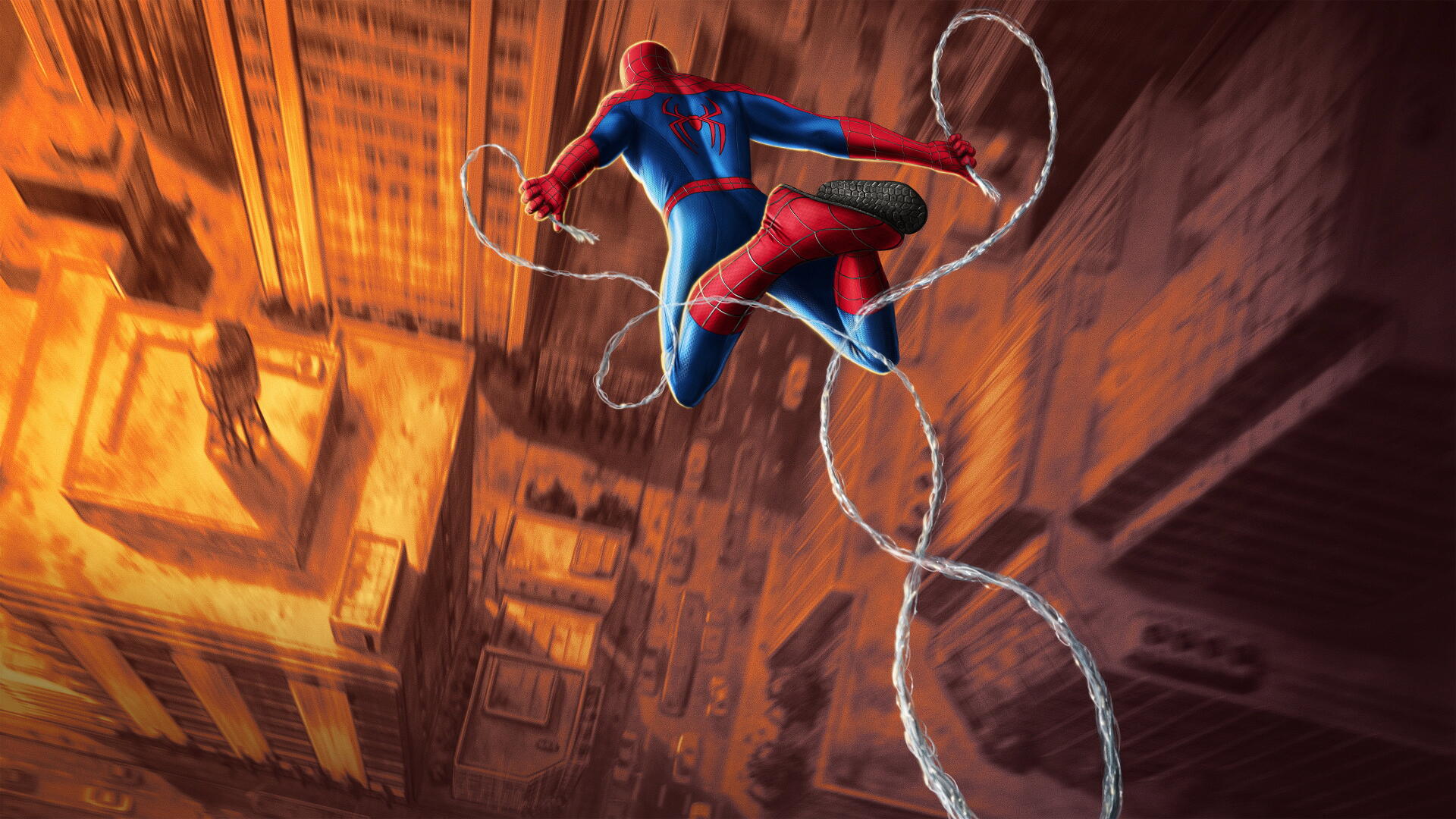 Spider-Man: Brand New Day 4K Ultra HD PC desktop wallpaper showing Spider-Man swinging over a sunlit city, webs trailing as he dives between towering skyscrapers.