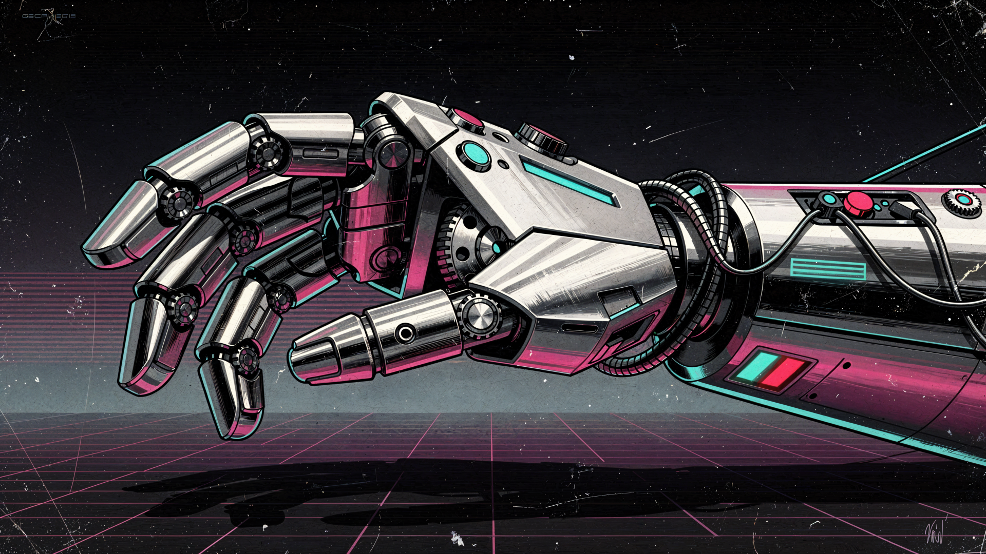 4K Ultra HD PC desktop wallpaper and background showing a chrome robotic hand with neon cyan and magenta accents reaching over a retro cyber grid.