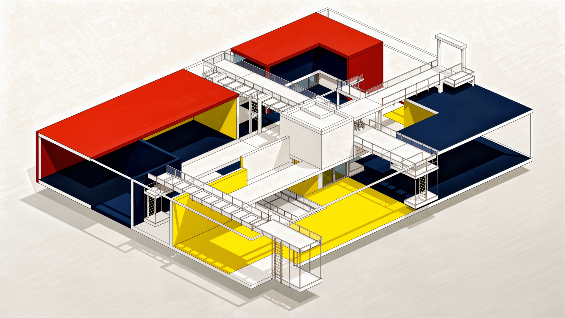 Cutaway view of a geometric architectural model in red, yellow, navy and white, floating structural walkways and open interiors — 4K Ultra HD PC desktop wallpaper/background.