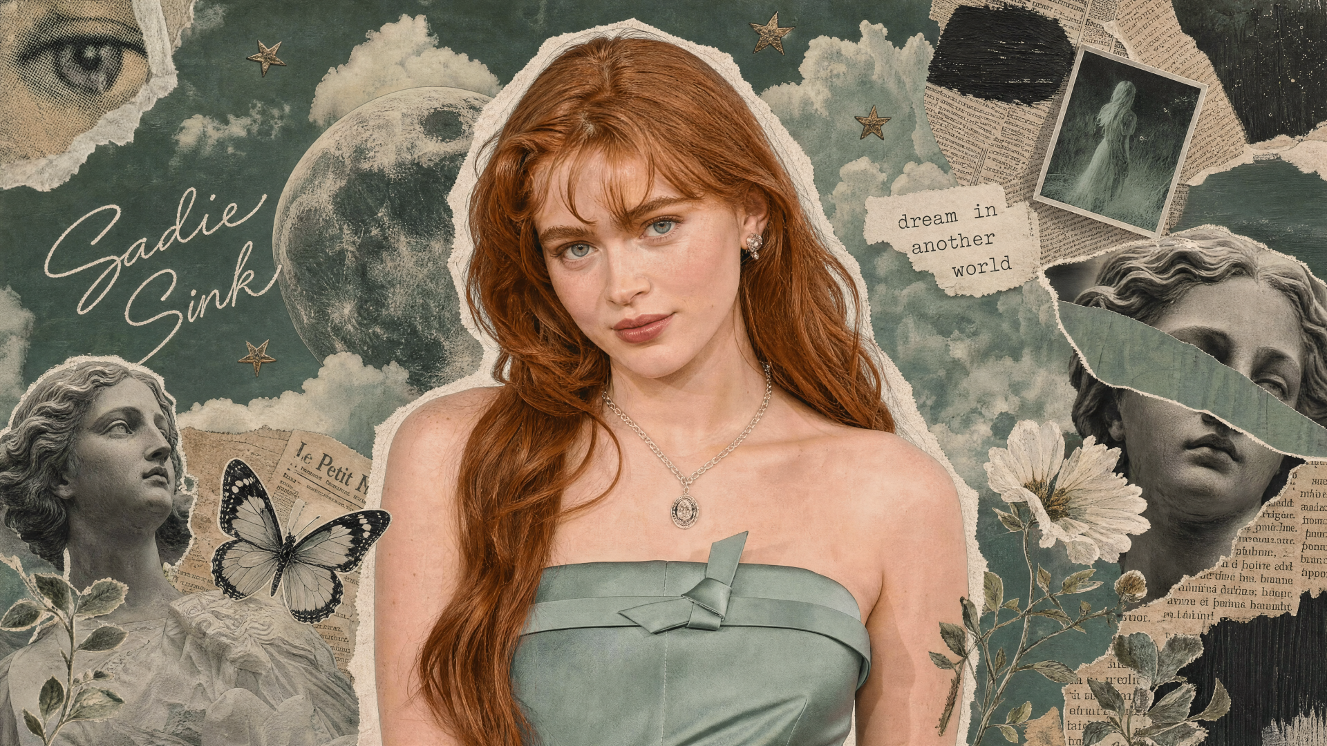 4K Ultra HD PC desktop wallpaper: portrait of a red-haired woman in a green strapless dress against a vintage collage of classical statues, butterflies and flowers.