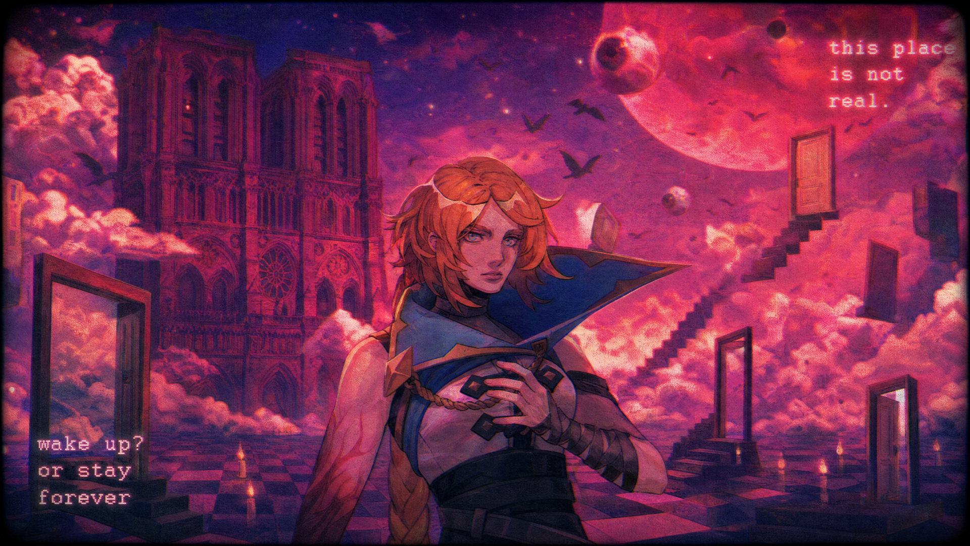 Castlevania Belmont's Curse 4K Ultra HD PC desktop wallpaper: cloaked Belmont amid crimson cathedral ruins, floating stairways and moons beneath a blood-red sky.